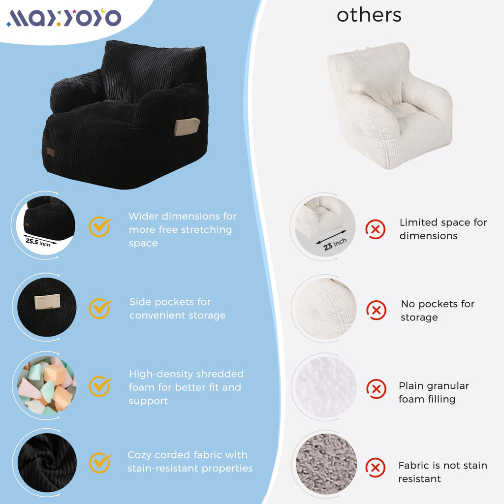 MAXYOYO Kids Bean Bag Chair, Stuffed Toddler Bean Bag Sofa with Filler Bean Bag Chair for Boys and Girls, Lazy Sofa with Pocket Floor Chair for Gaming, Reading, Pink