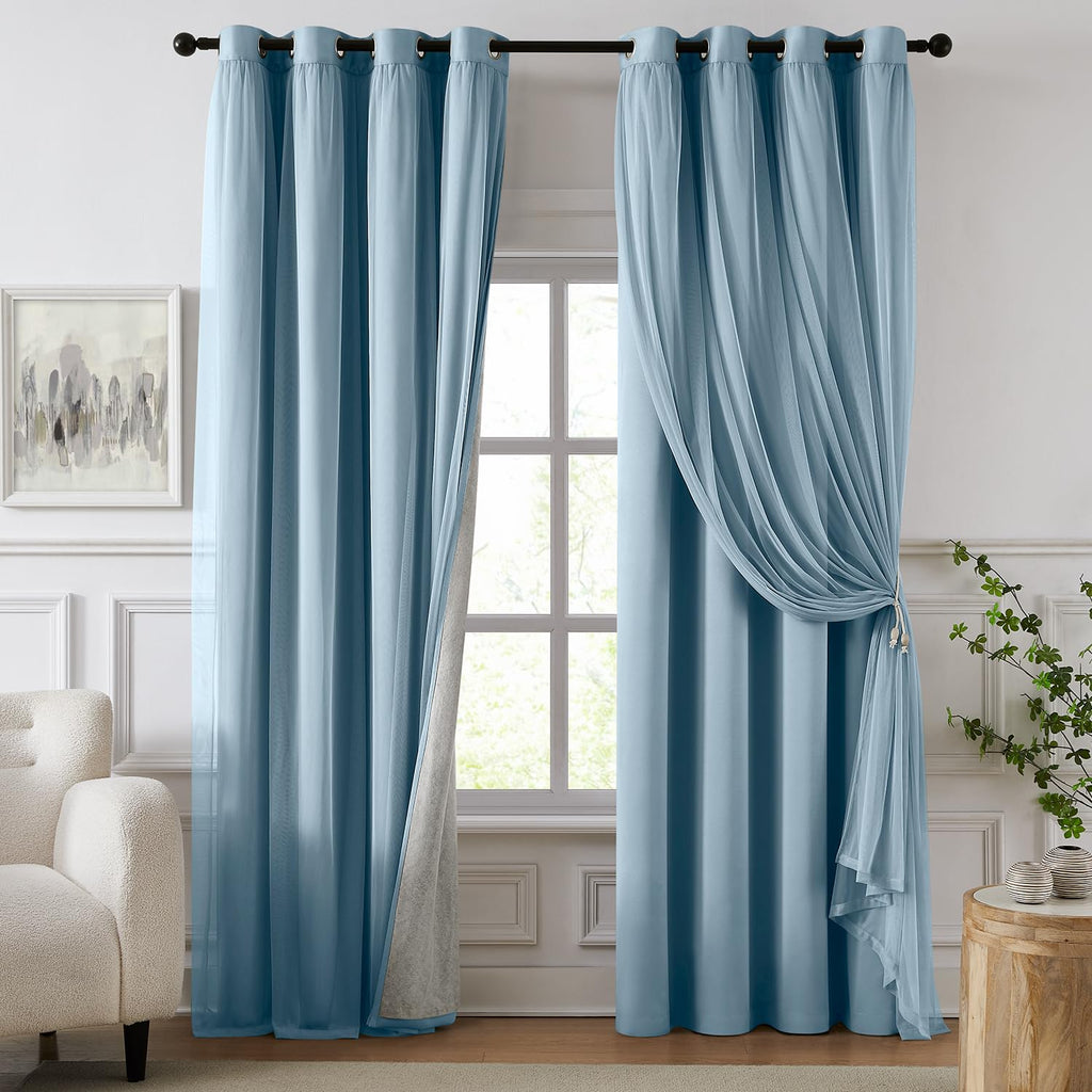 100% Blackout Curtains for Bedroom, Double Layer Pink Curtains, Black Out Curtain 84 inch Long with Sheer Overlay for Living Room, Room Darkening Window Drapes with Grommet, 52" W x 84" L