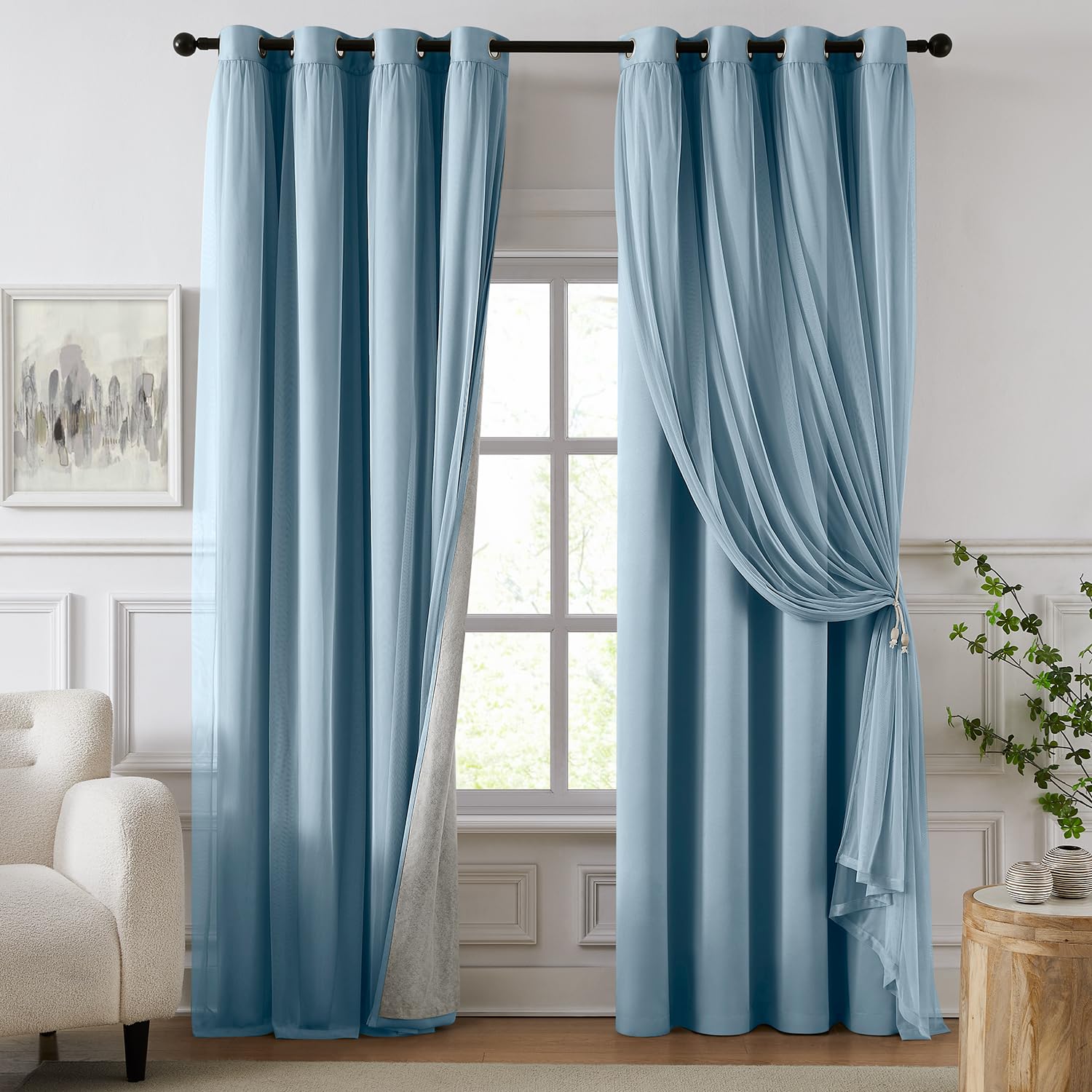 100% Blackout Curtains for Bedroom, Double Layer Pink Curtains, Black Out Curtain 84 inch Long with Sheer Overlay for Living Room, Room Darkening Window Drapes with Grommet, 52" W x 84" L