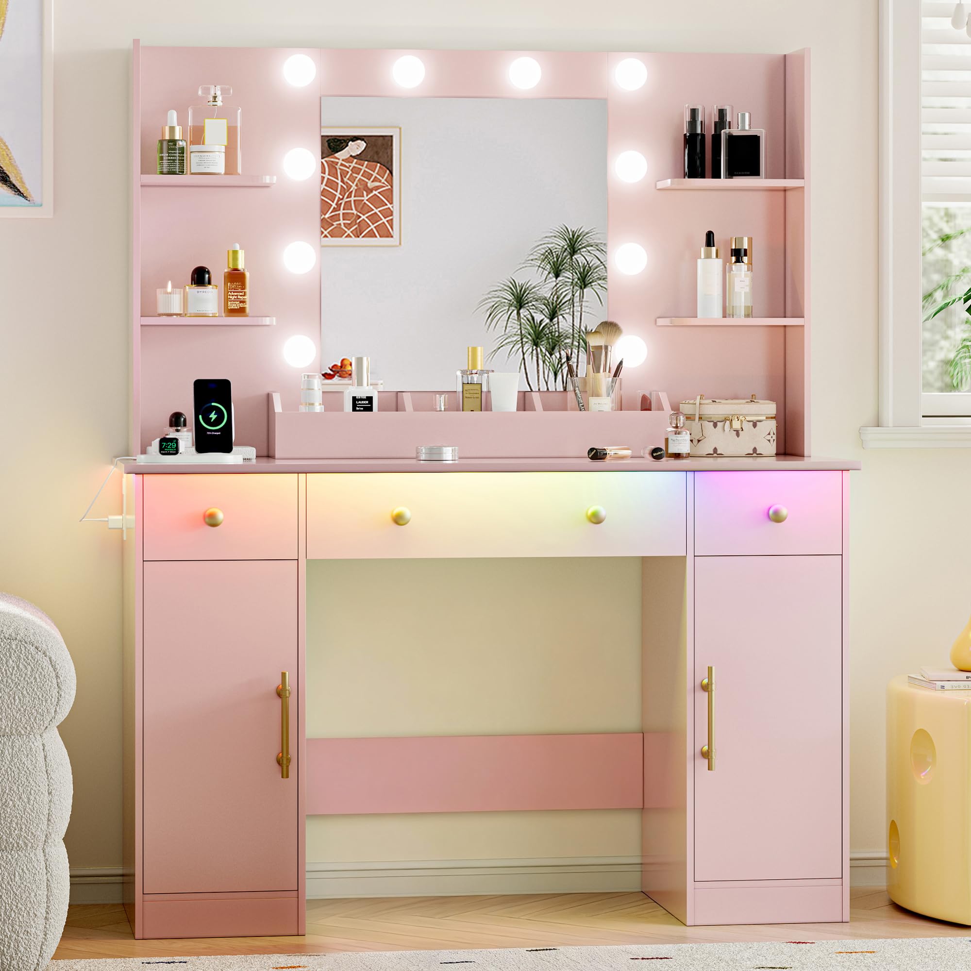 Vanity Desk with Mirror and Lights, 43'' Pink Makeup Dressing Table Set with 5 Drawers & Chair, Power Outlet, 3 Lighting Modes Adjustable Brightness & RGB LED for Women Girls Bedroom Bathroom