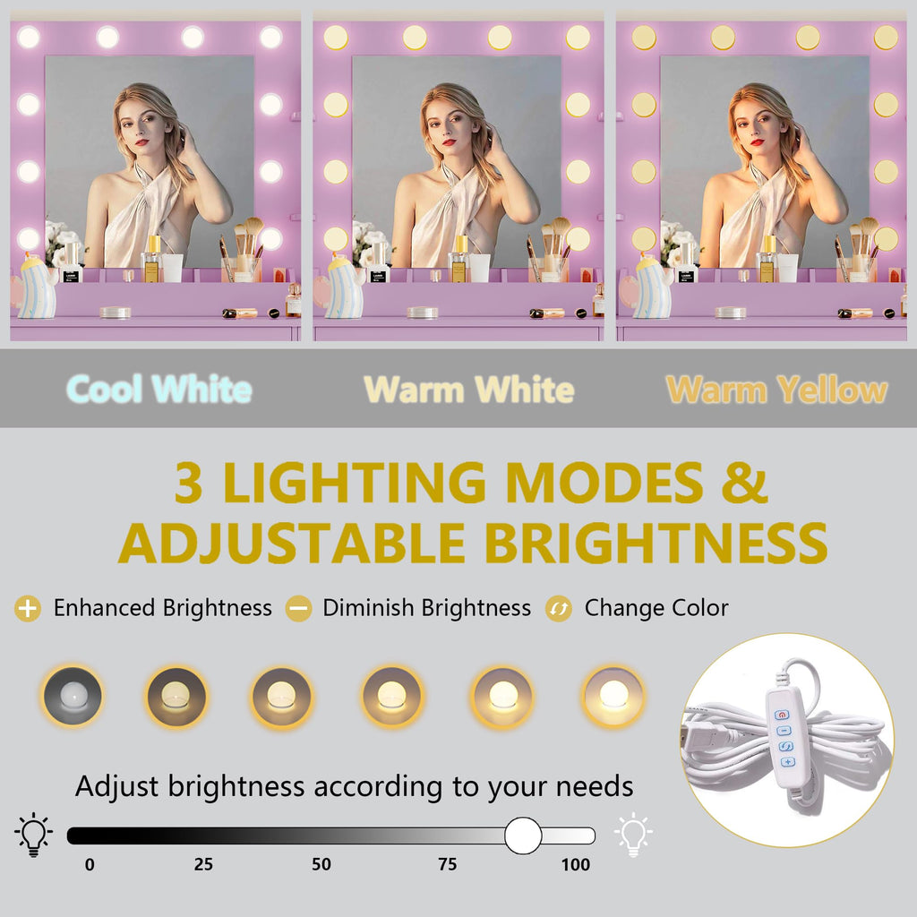 Vanity Desk with Mirror and Lights, 43'' Pink Makeup Dressing Table Set with 5 Drawers & Chair, Power Outlet, 3 Lighting Modes Adjustable Brightness & RGB LED for Women Girls Bedroom Bathroom