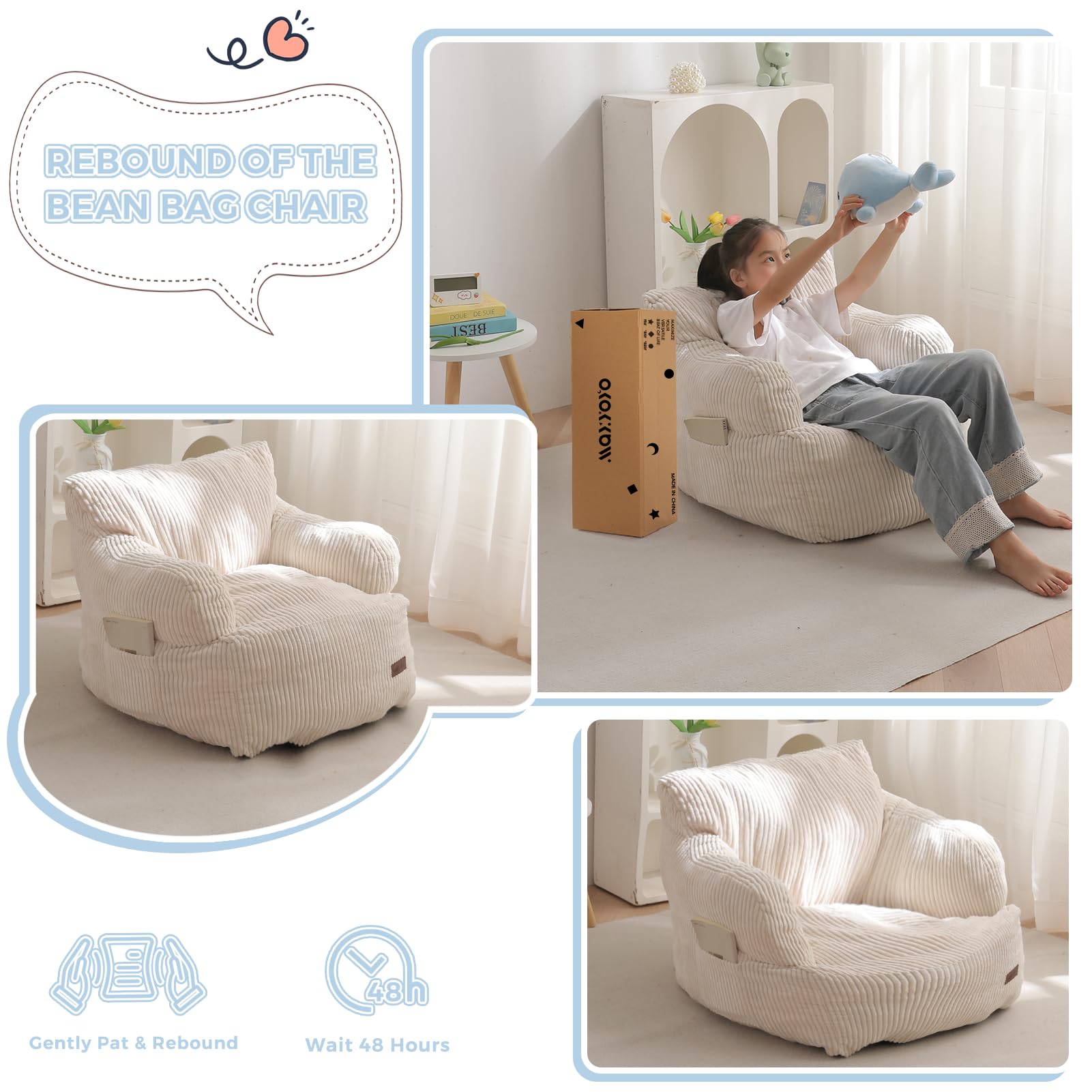 MAXYOYO Kids Bean Bag Chair, Stuffed Toddler Bean Bag Sofa with Filler Bean Bag Chair for Boys and Girls, Lazy Sofa with Pocket Floor Chair for Gaming, Reading, Pink