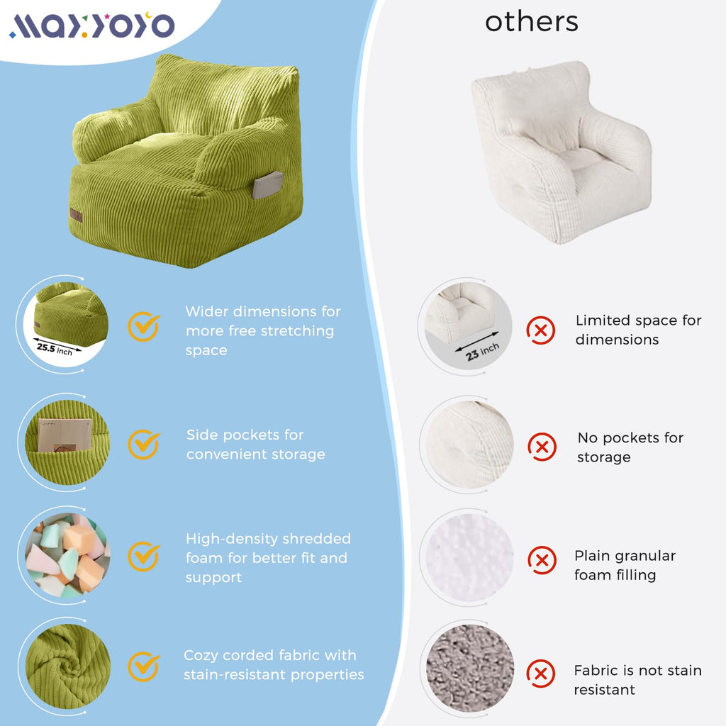 MAXYOYO Kids Bean Bag Chair, Stuffed Toddler Bean Bag Sofa with Filler Bean Bag Chair for Boys and Girls, Lazy Sofa with Pocket Floor Chair for Gaming, Reading, Pink