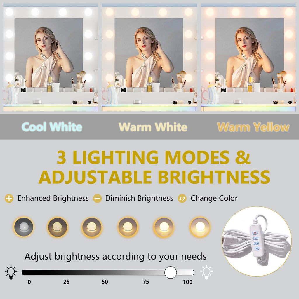 Vanity Desk with Mirror and Lights, 43'' Pink Makeup Dressing Table Set with 5 Drawers & Chair, Power Outlet, 3 Lighting Modes Adjustable Brightness & RGB LED for Women Girls Bedroom Bathroom