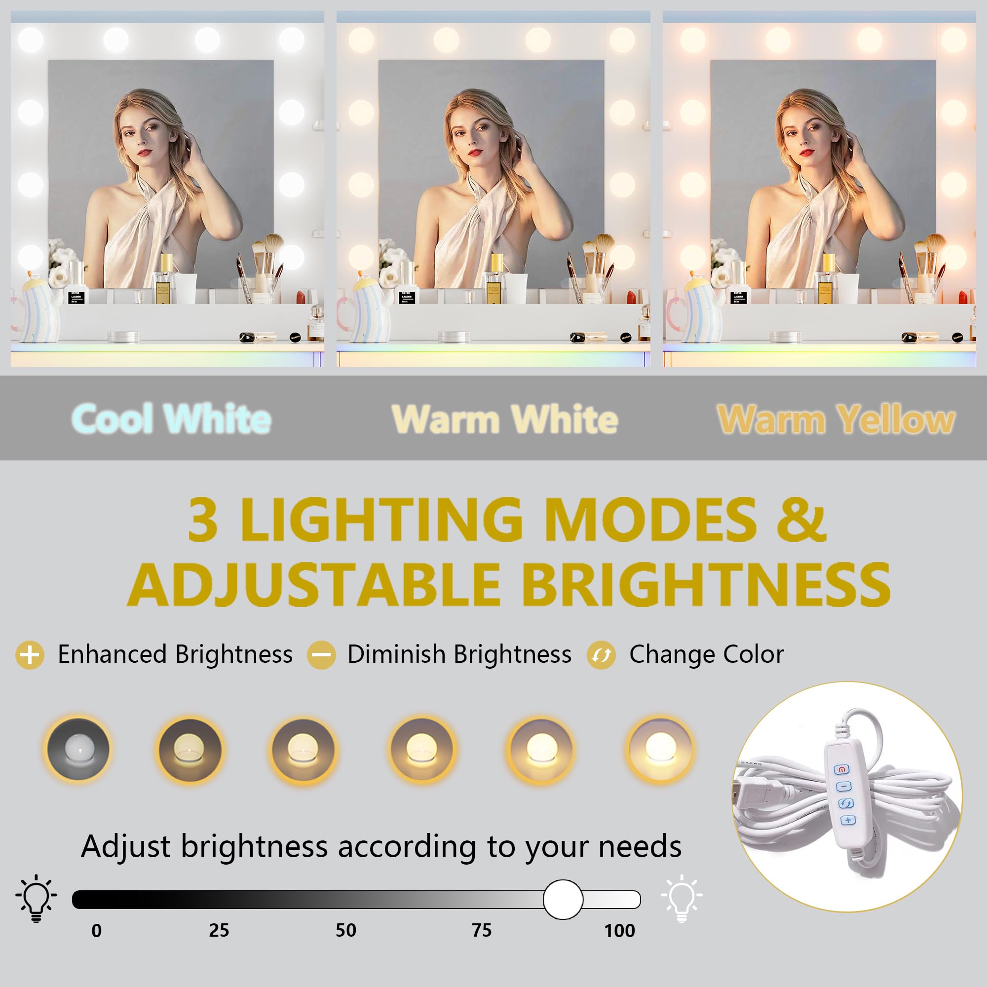 Vanity Desk with Mirror and Lights, 43'' Pink Makeup Dressing Table Set with 5 Drawers & Chair, Power Outlet, 3 Lighting Modes Adjustable Brightness & RGB LED for Women Girls Bedroom Bathroom