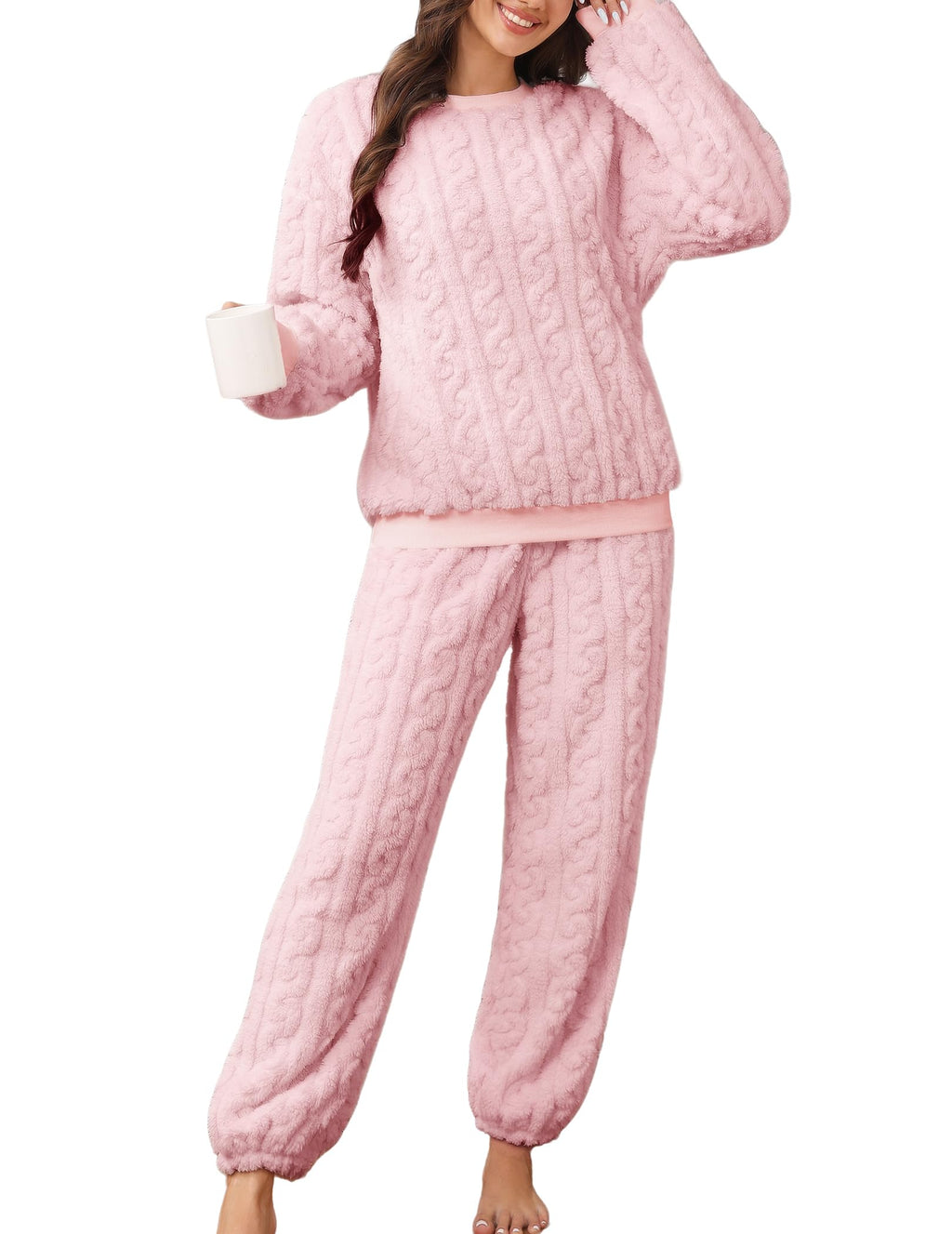 Pajamas Sets for Women Soft Comfy Fluffy Pajama Fleece Pullover Ribbed Pjs Warm Plush Lounge Sleepwear
