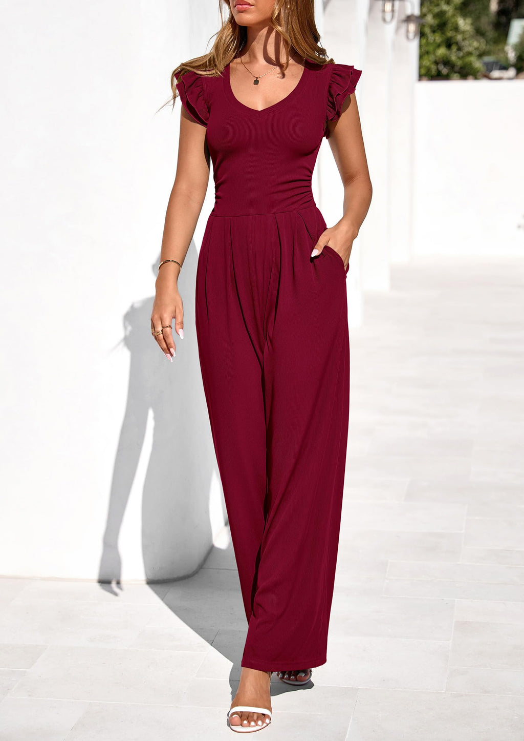 PRETTYGARDEN One Piece Jumpsuits For Women Dressy Ruffle Cap Sleeve V Neck Ribbed Knit Wide Leg Romper Casual Spring Outfits