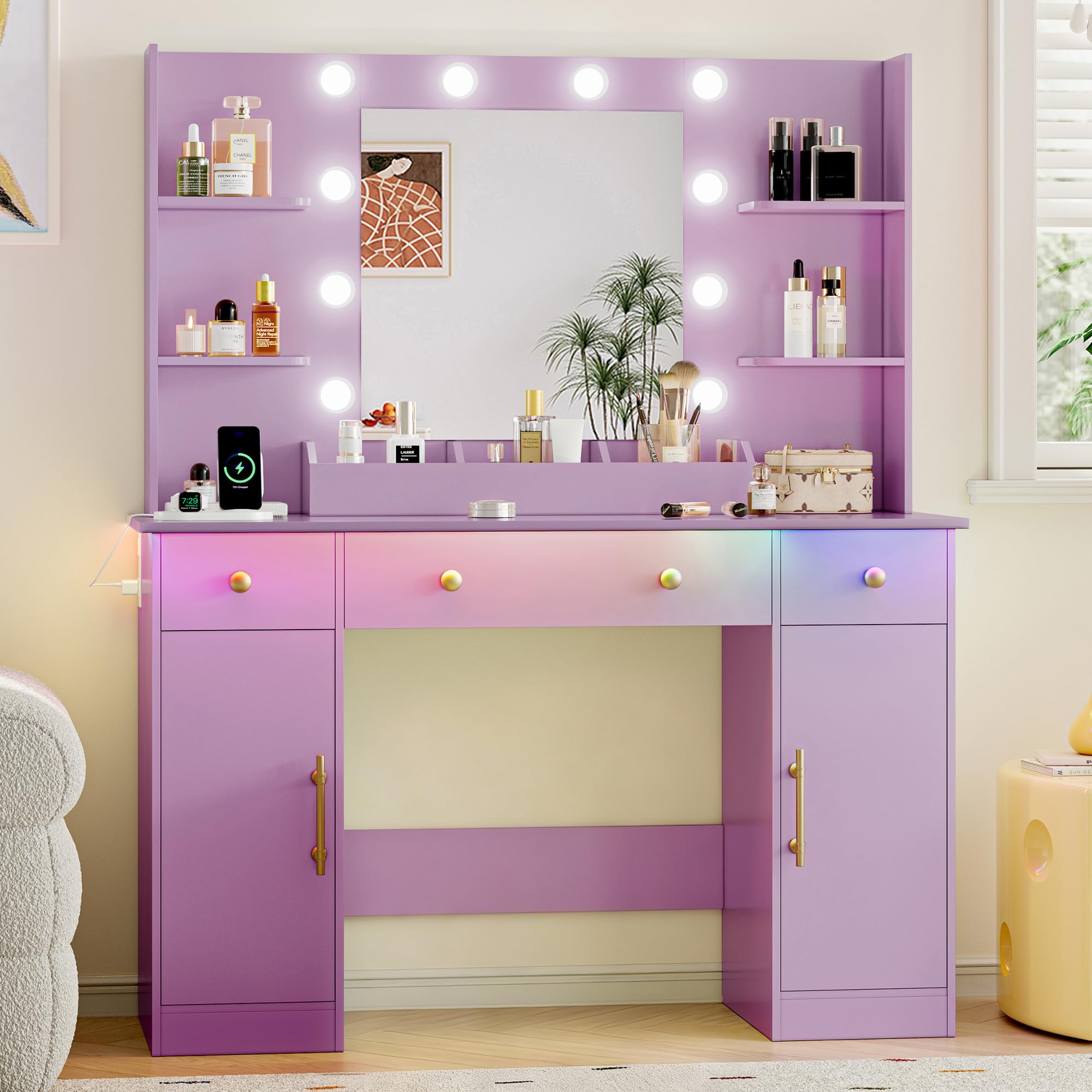 Vanity Desk with Mirror and Lights, 43'' Pink Makeup Dressing Table Set with 5 Drawers & Chair, Power Outlet, 3 Lighting Modes Adjustable Brightness & RGB LED for Women Girls Bedroom Bathroom