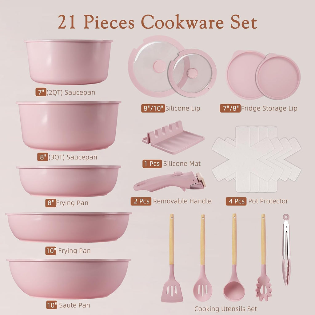 Astercook 21 Pcs Pots and Pans Non Stick Ceramic Cookware Set, Detachable Handles, RV Kitchen Cooking Set, Oven Safe, Induction Ready, Stackable, Pink