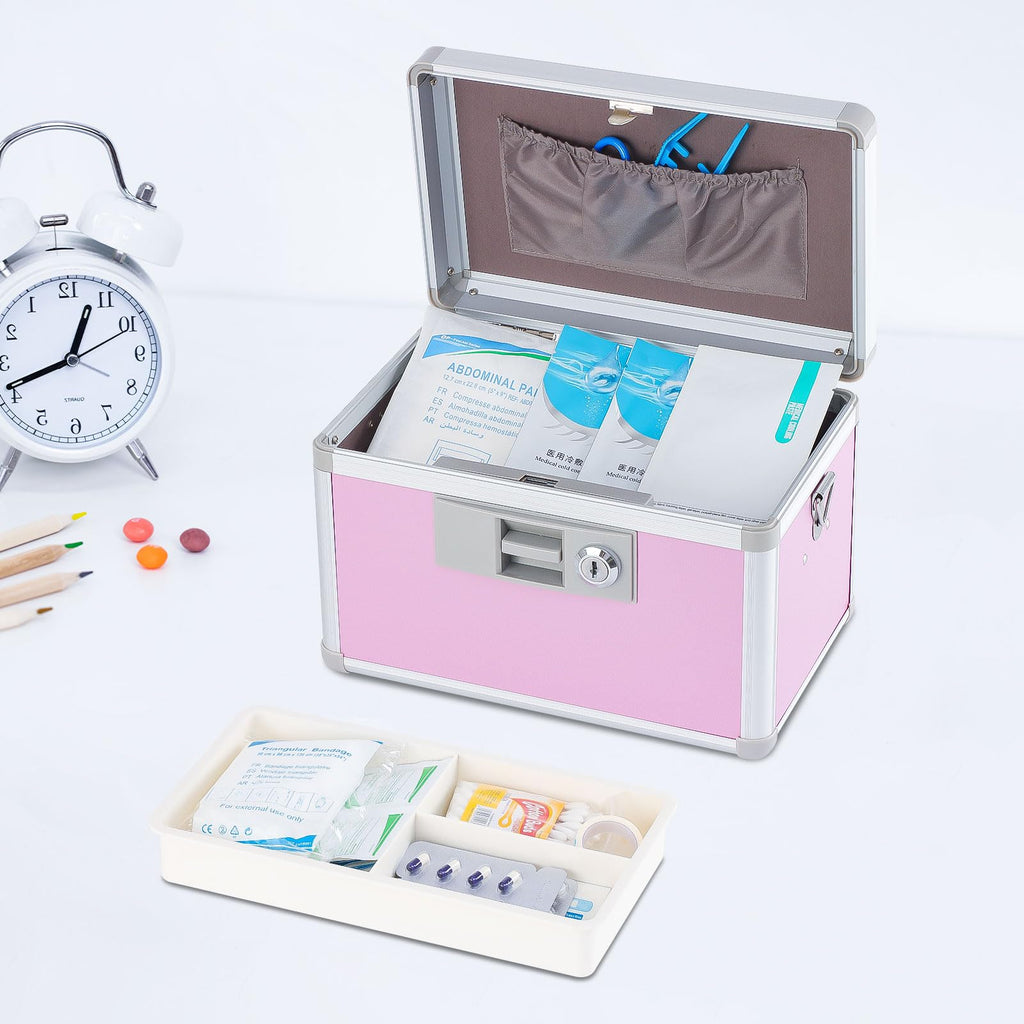 Medicine Lock Box,First Aid Safe Medication Storage Box,Layered Aluminum Daily Medicine Cabinet Family Use,12.2" x 7.9" x 7.5", Pink