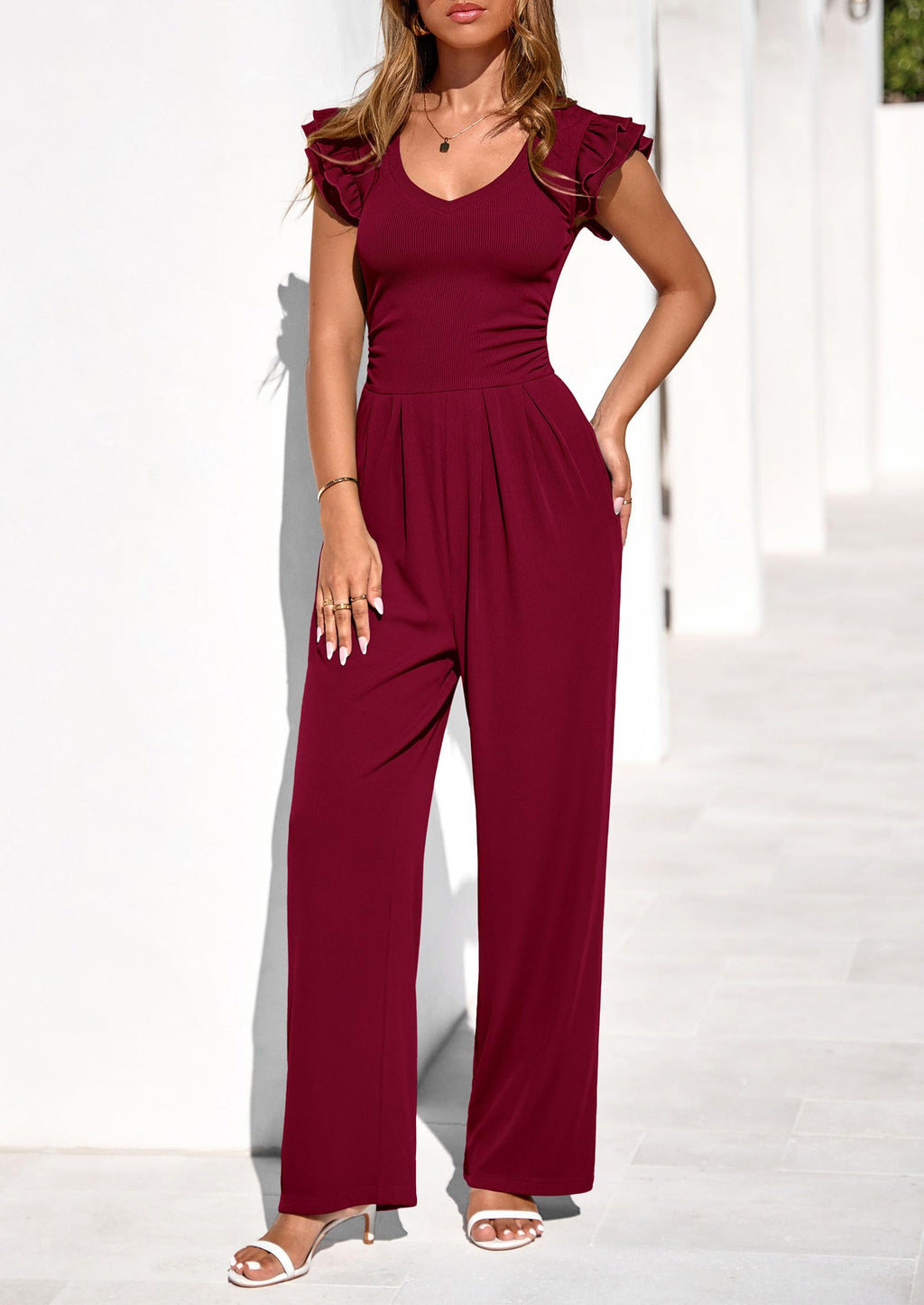 PRETTYGARDEN One Piece Jumpsuits For Women Dressy Ruffle Cap Sleeve V Neck Ribbed Knit Wide Leg Romper Casual Spring Outfits