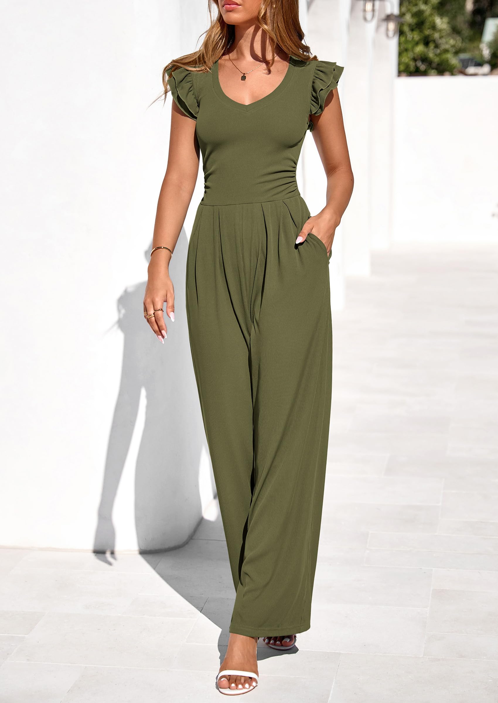 PRETTYGARDEN One Piece Jumpsuits For Women Dressy Ruffle Cap Sleeve V Neck Ribbed Knit Wide Leg Romper Casual Spring Outfits