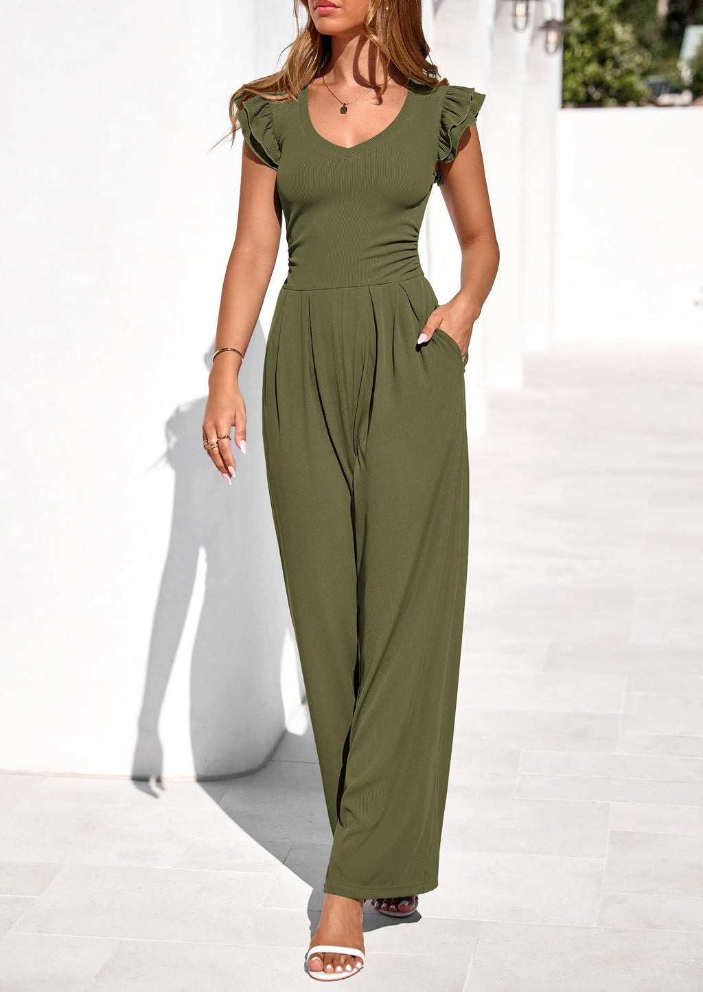 PRETTYGARDEN One Piece Jumpsuits For Women Dressy Ruffle Cap Sleeve V Neck Ribbed Knit Wide Leg Romper Casual Spring Outfits