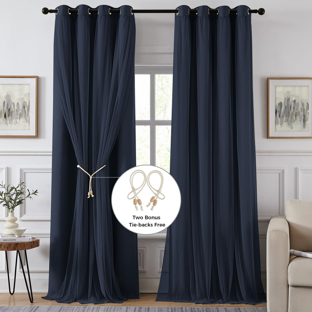 100% Blackout Curtains for Bedroom, Double Layer Pink Curtains, Black Out Curtain 84 inch Long with Sheer Overlay for Living Room, Room Darkening Window Drapes with Grommet, 52" W x 84" L