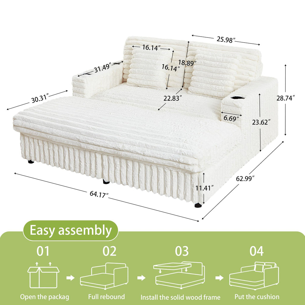 RARZOE 64'' Oversized Chaise Lounge Chair Indoor, Plush Faux Rabbit Fur Sleeper Sofa Bed with 4 Pillows, Charging Station & Cup Holders, Fluffy Comfy Cloud Couch Loveseat Sofa for Living Room,Pink