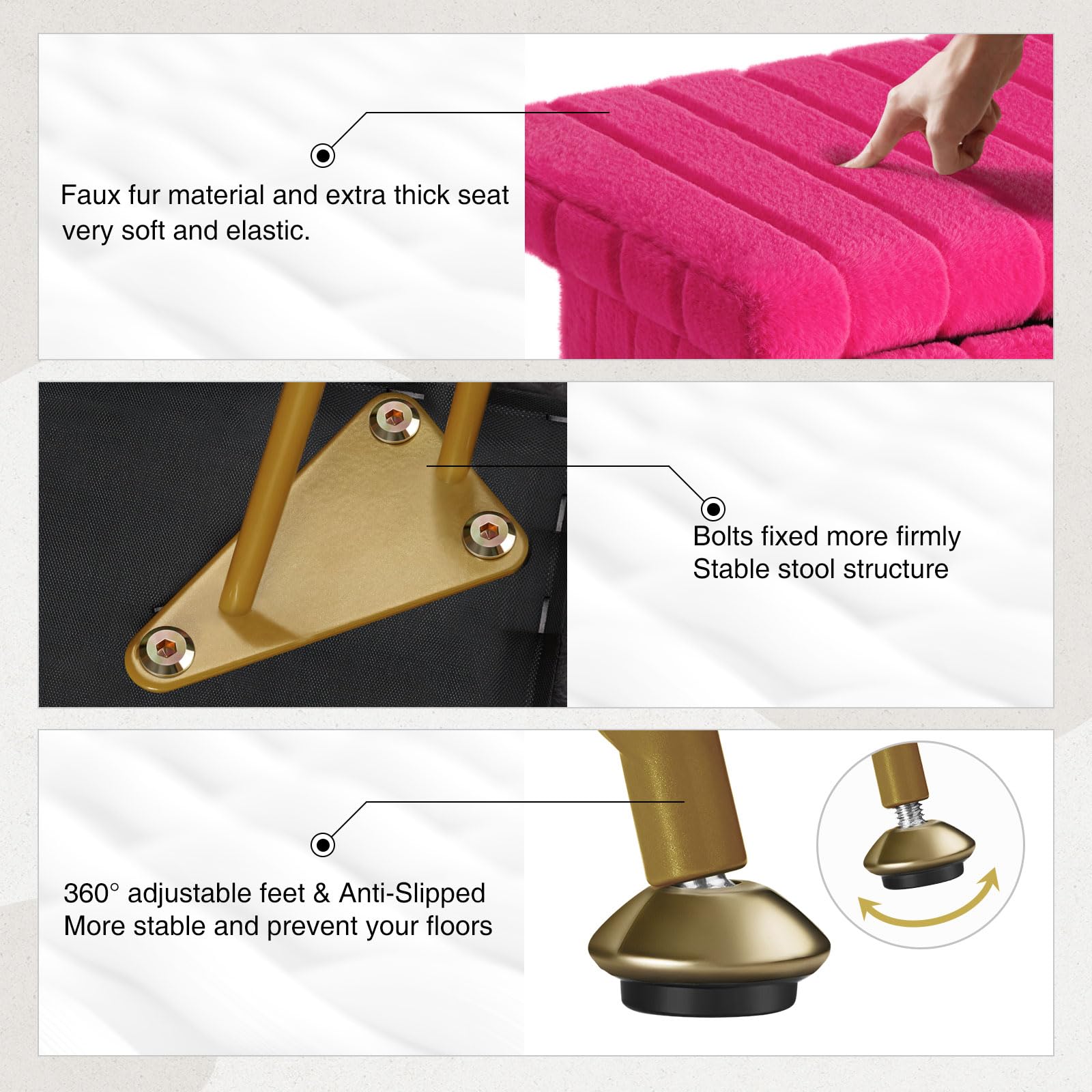 Greenstell Vanity Stool Chair Faux Fur with Storage, 15.7"L x 11.8"W x 19.4"H Soft Ottoman 4 Metal Legs with Anti-Slip Feet, Furry Padded Seat, Modern Multifunctional Chairs for Makeup, Bedroom Pink