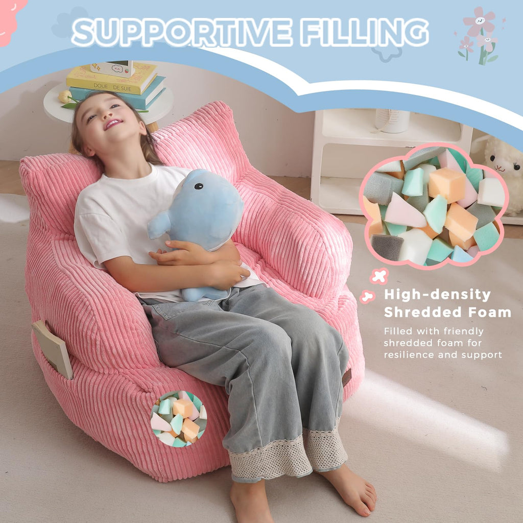 MAXYOYO Kids Bean Bag Chair, Stuffed Toddler Bean Bag Sofa with Filler Bean Bag Chair for Boys and Girls, Lazy Sofa with Pocket Floor Chair for Gaming, Reading, Pink