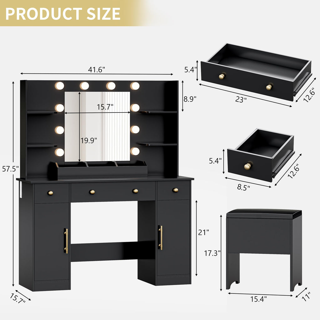 Vanity Desk with Mirror and Lights, 43'' Pink Makeup Dressing Table Set with 5 Drawers & Chair, Power Outlet, 3 Lighting Modes Adjustable Brightness & RGB LED for Women Girls Bedroom Bathroom