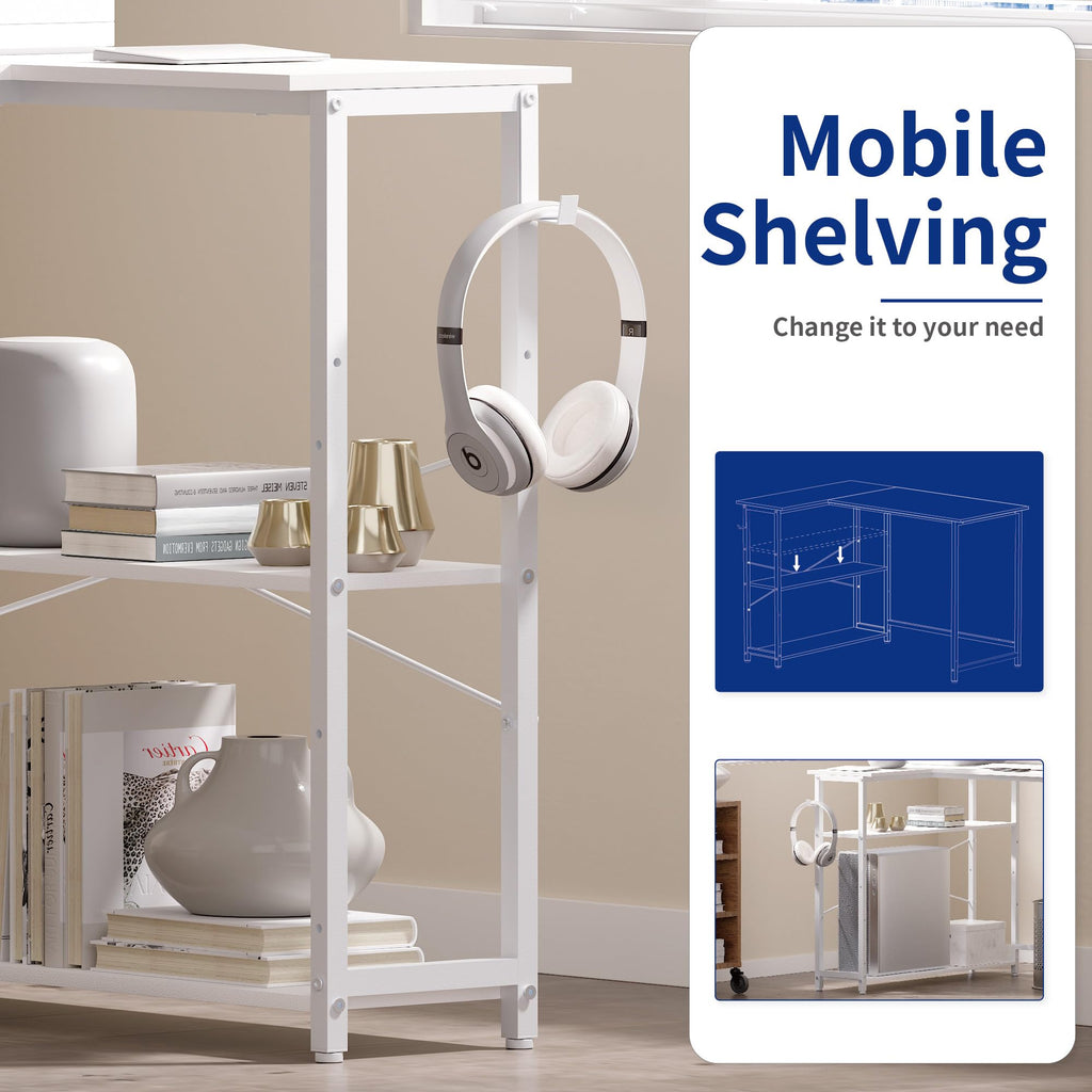 Pamray 43 Inch L Shaped Computer Desk with Reversible Side Storage Shelves, Small Corner Desk for Small Space Home Office,Writing Study Table PC Desk for Bedroom,Pink with White Leg