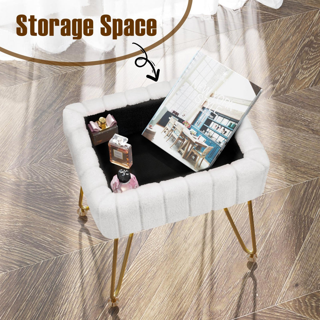 Greenstell Vanity Stool Chair Faux Fur with Storage, 15.7"L x 11.8"W x 19.4"H Soft Ottoman 4 Metal Legs with Anti-Slip Feet, Furry Padded Seat, Modern Multifunctional Chairs for Makeup, Bedroom Pink