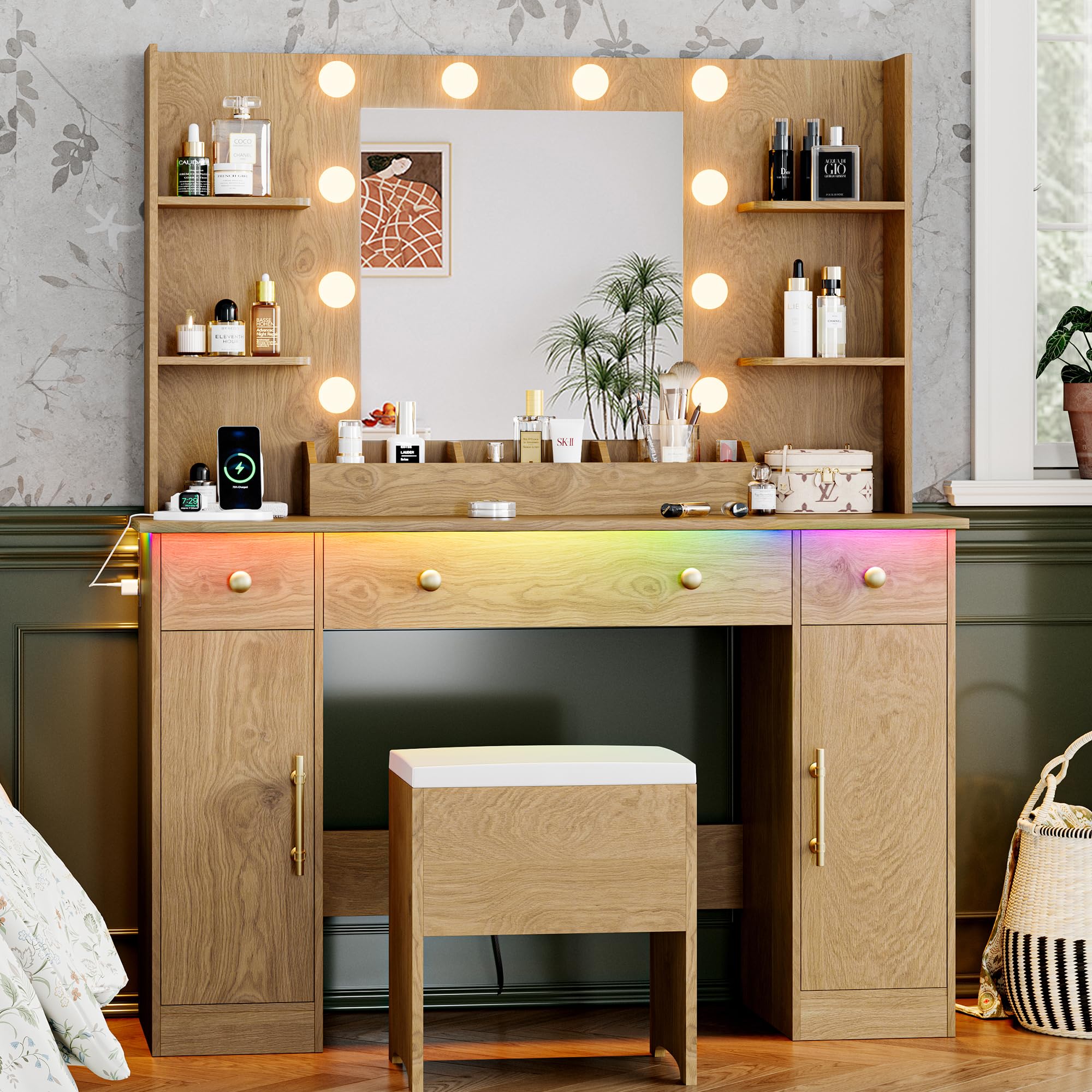 Vanity Desk with Mirror and Lights, 43'' Pink Makeup Dressing Table Set with 5 Drawers & Chair, Power Outlet, 3 Lighting Modes Adjustable Brightness & RGB LED for Women Girls Bedroom Bathroom