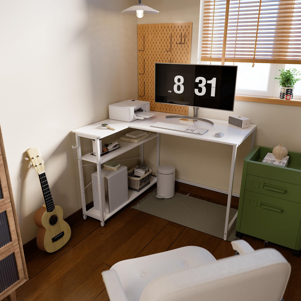 Pamray 43 Inch L Shaped Computer Desk with Reversible Side Storage Shelves, Small Corner Desk for Small Space Home Office,Writing Study Table PC Desk for Bedroom,Pink with White Leg