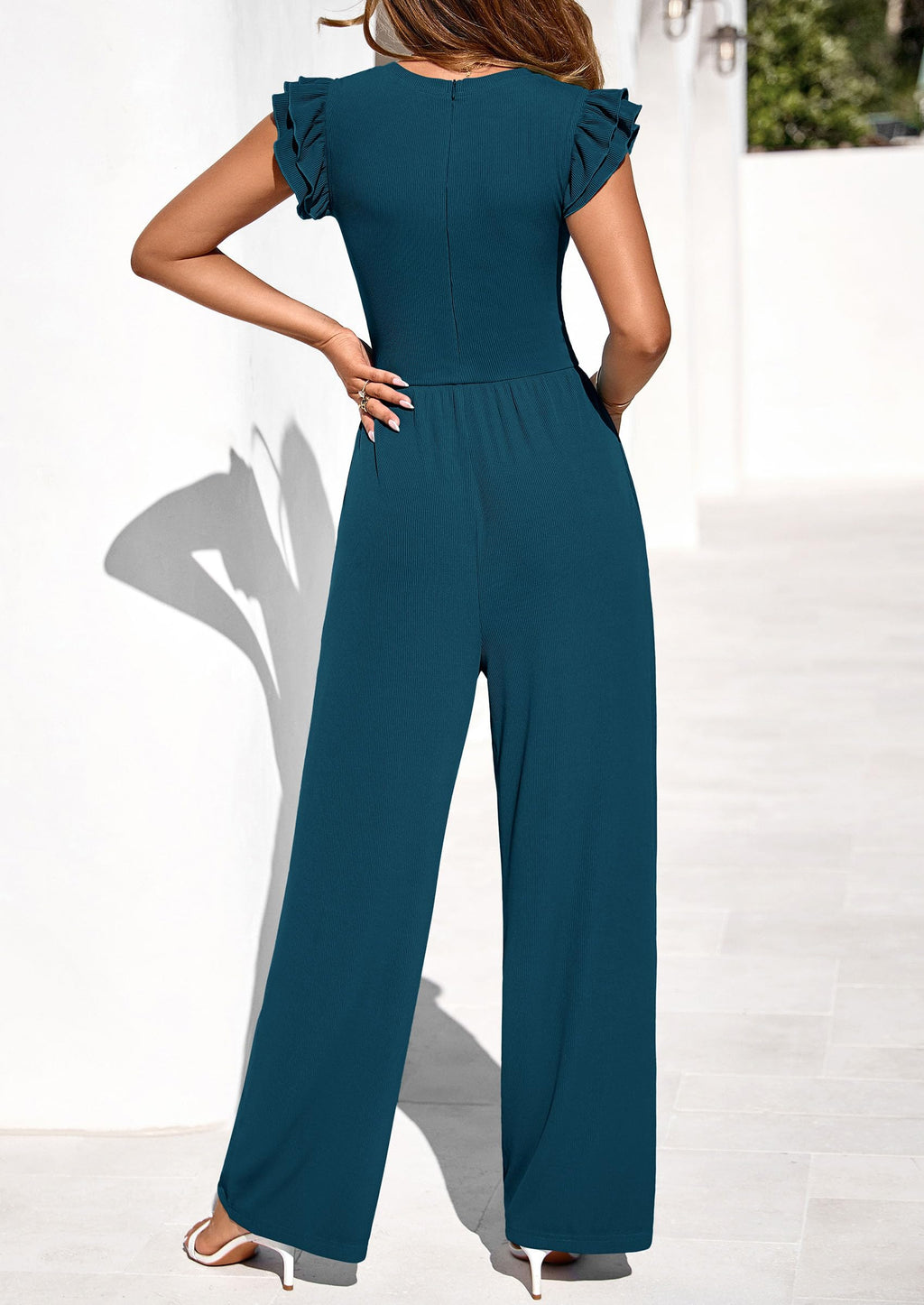 PRETTYGARDEN One Piece Jumpsuits For Women Dressy Ruffle Cap Sleeve V Neck Ribbed Knit Wide Leg Romper Casual Spring Outfits