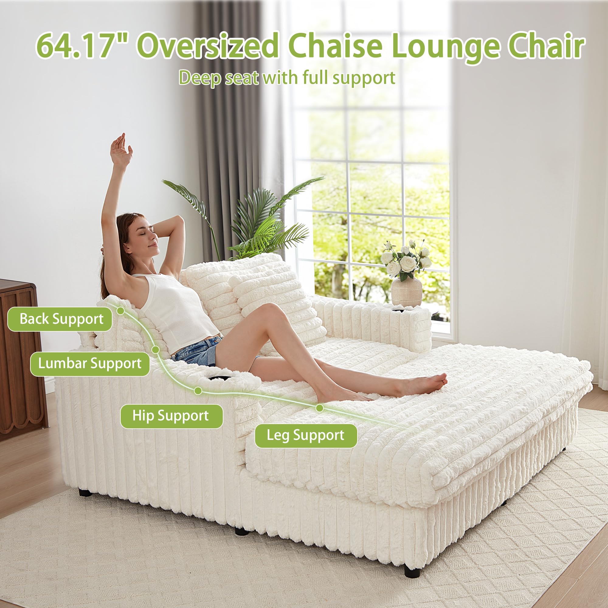 RARZOE 64'' Oversized Chaise Lounge Chair Indoor, Plush Faux Rabbit Fur Sleeper Sofa Bed with 4 Pillows, Charging Station & Cup Holders, Fluffy Comfy Cloud Couch Loveseat Sofa for Living Room,Pink