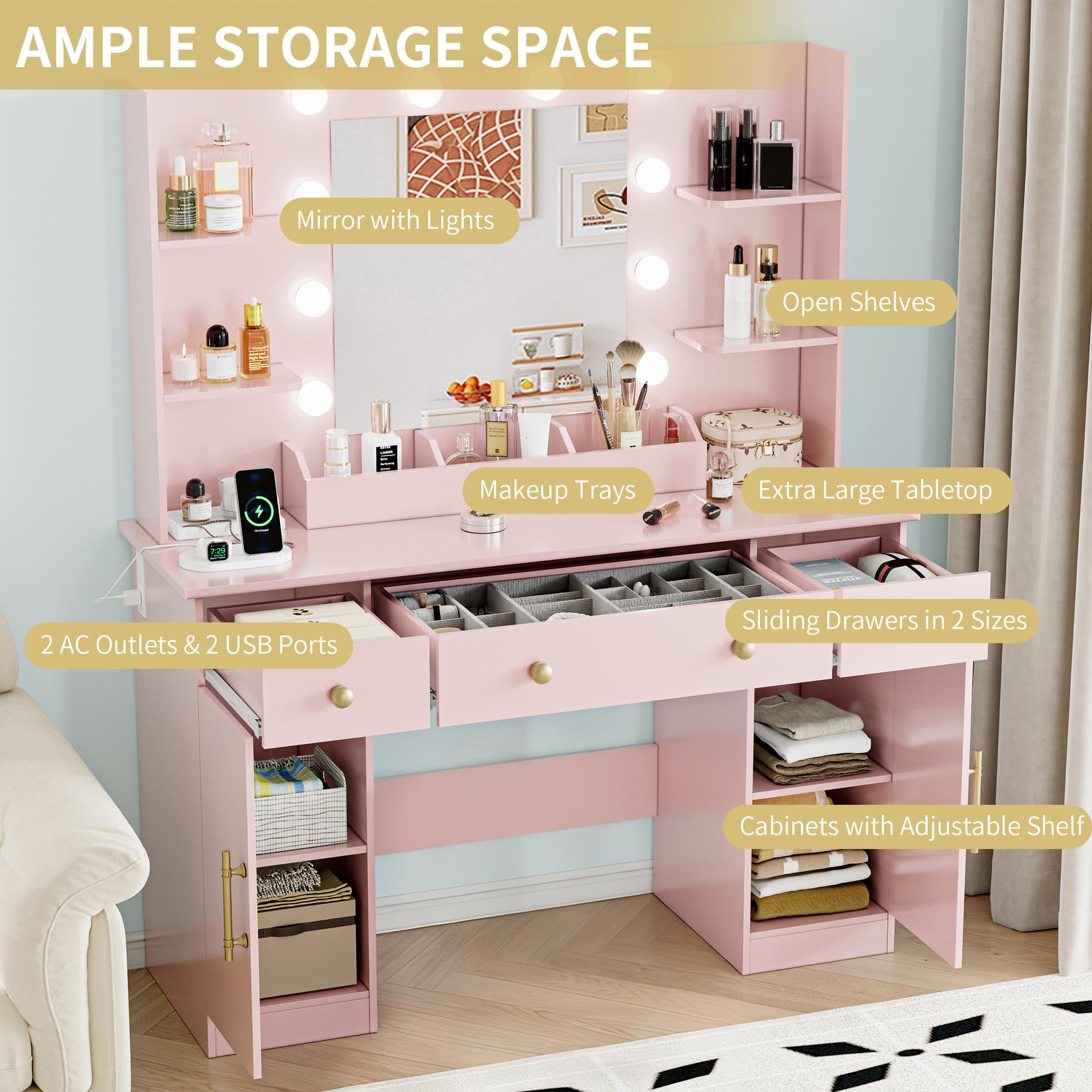 Vanity Desk with Mirror and Lights, 43'' Pink Makeup Dressing Table Set with 5 Drawers & Chair, Power Outlet, 3 Lighting Modes Adjustable Brightness & RGB LED for Women Girls Bedroom Bathroom