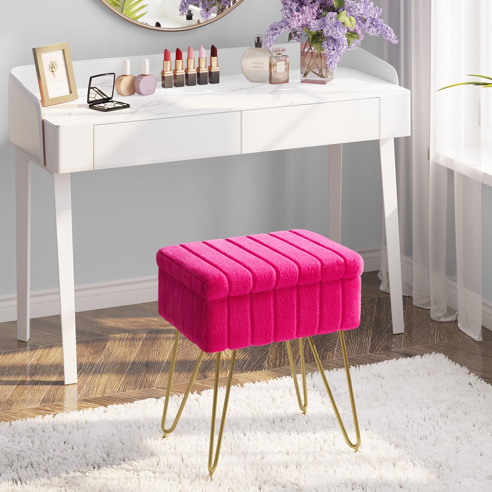 Greenstell Vanity Stool Chair Faux Fur with Storage, 15.7"L x 11.8"W x 19.4"H Soft Ottoman 4 Metal Legs with Anti-Slip Feet, Furry Padded Seat, Modern Multifunctional Chairs for Makeup, Bedroom Pink