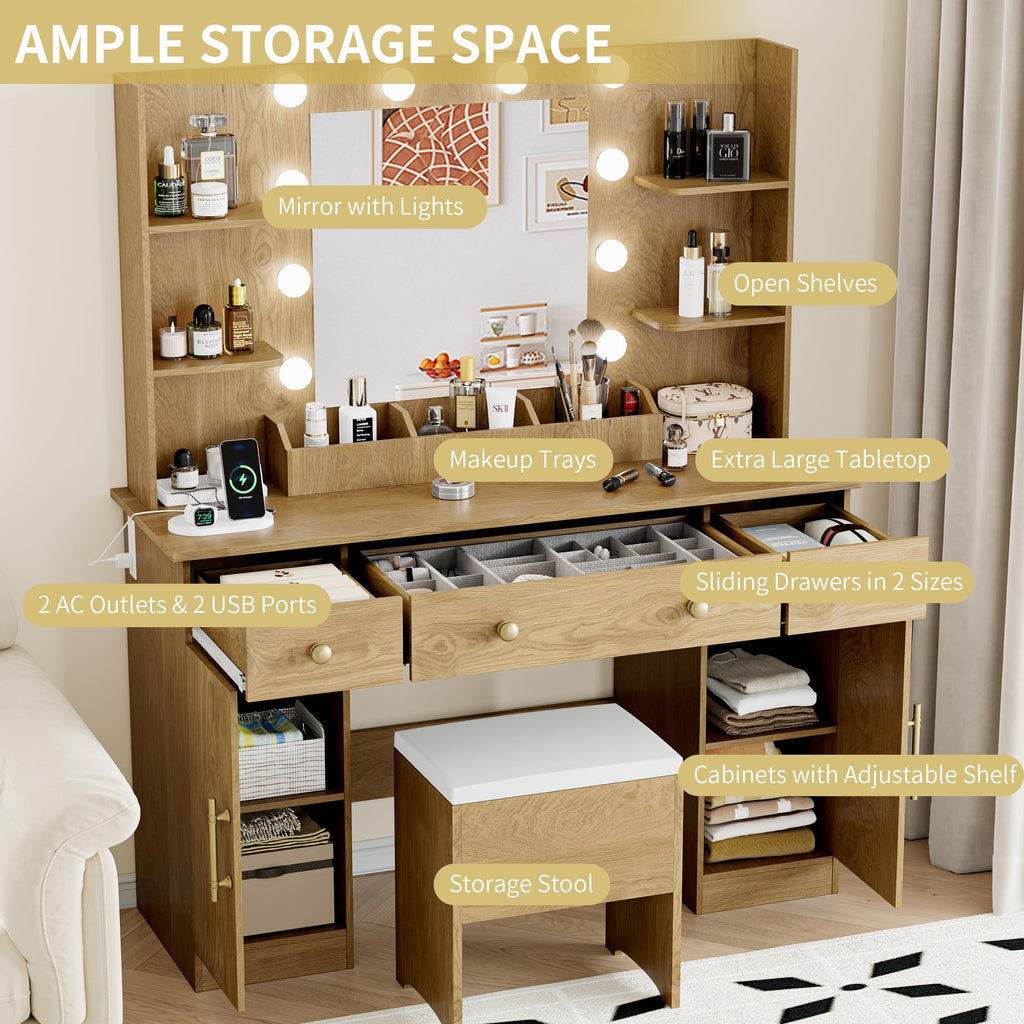 Vanity Desk with Mirror and Lights, 43'' Pink Makeup Dressing Table Set with 5 Drawers & Chair, Power Outlet, 3 Lighting Modes Adjustable Brightness & RGB LED for Women Girls Bedroom Bathroom