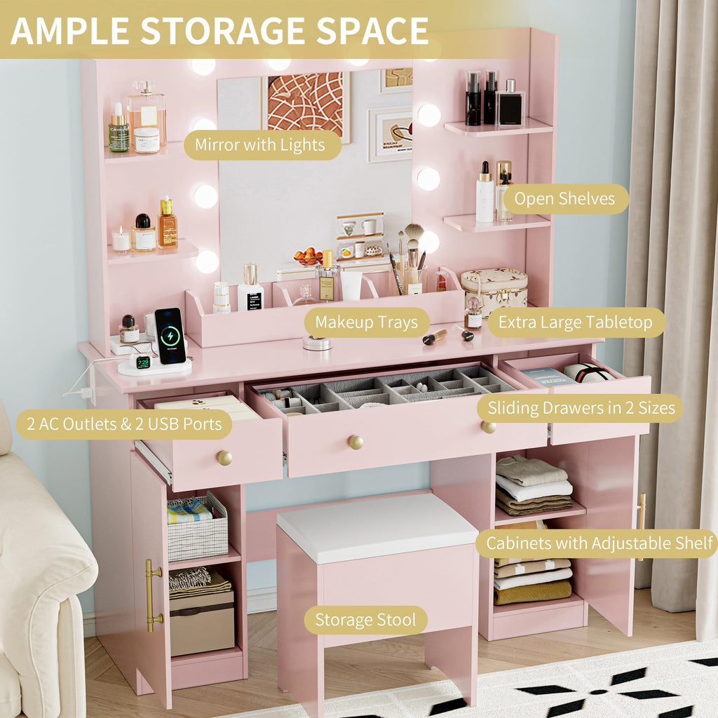 Vanity Desk with Mirror and Lights, 43'' Pink Makeup Dressing Table Set with 5 Drawers & Chair, Power Outlet, 3 Lighting Modes Adjustable Brightness & RGB LED for Women Girls Bedroom Bathroom