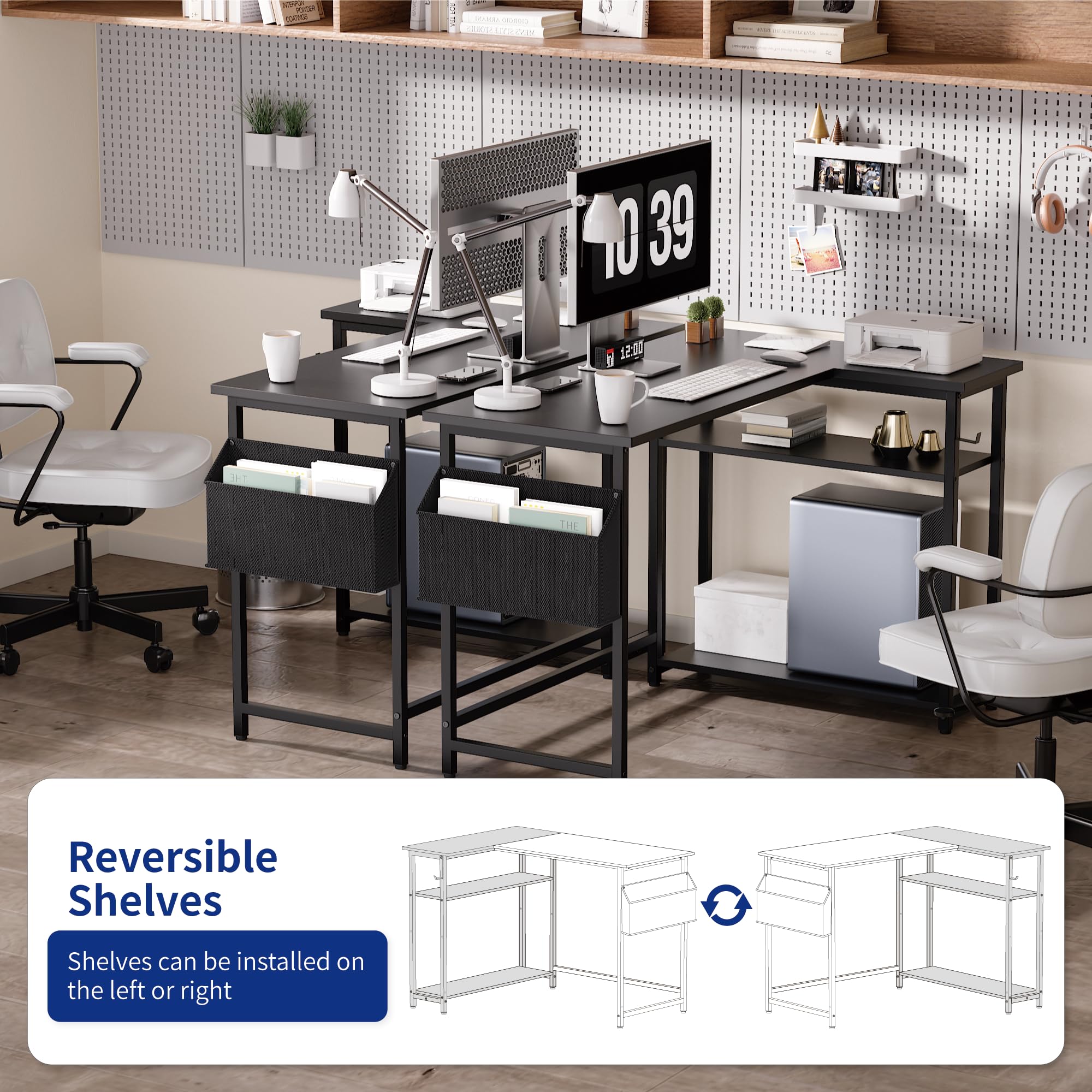 Pamray 43 Inch L Shaped Computer Desk with Reversible Side Storage Shelves, Small Corner Desk for Small Space Home Office,Writing Study Table PC Desk for Bedroom,Pink with White Leg