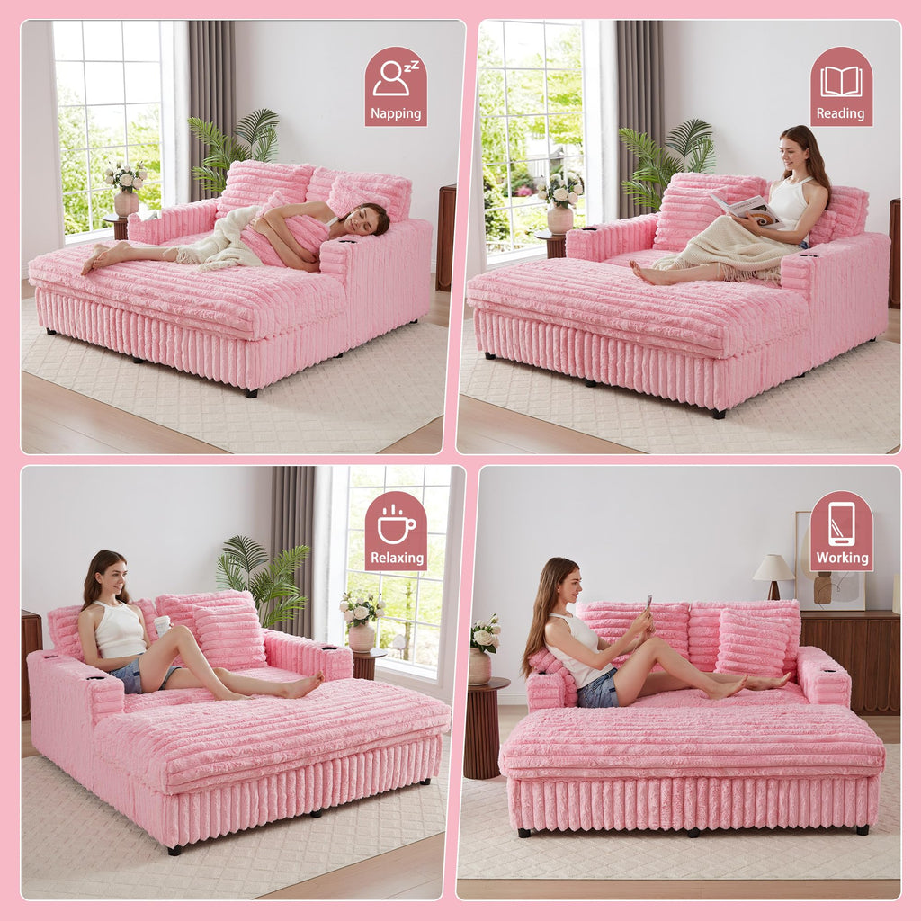 RARZOE 64'' Oversized Chaise Lounge Chair Indoor, Plush Faux Rabbit Fur Sleeper Sofa Bed with 4 Pillows, Charging Station & Cup Holders, Fluffy Comfy Cloud Couch Loveseat Sofa for Living Room,Pink