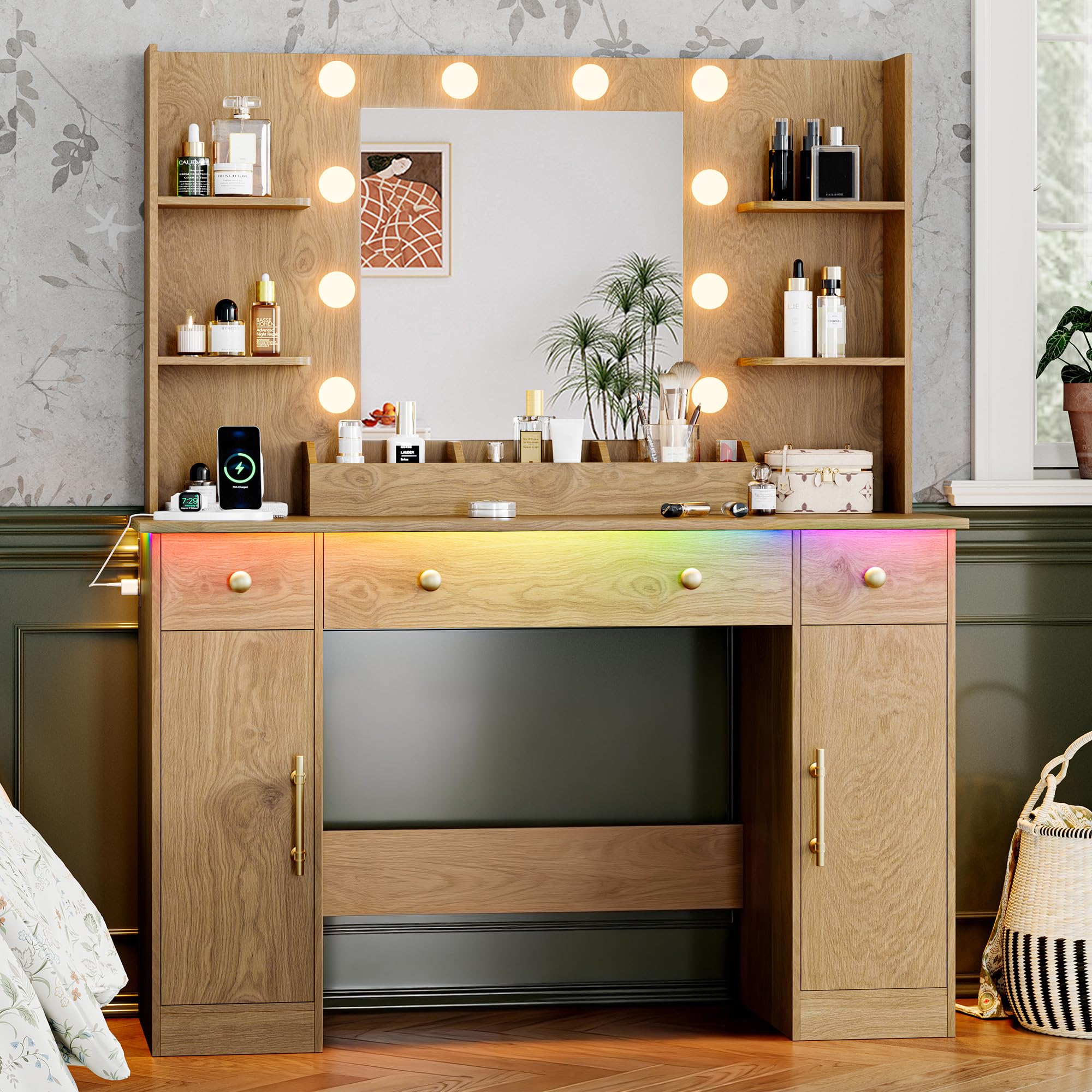 Vanity Desk with Mirror and Lights, 43'' Pink Makeup Dressing Table Set with 5 Drawers & Chair, Power Outlet, 3 Lighting Modes Adjustable Brightness & RGB LED for Women Girls Bedroom Bathroom