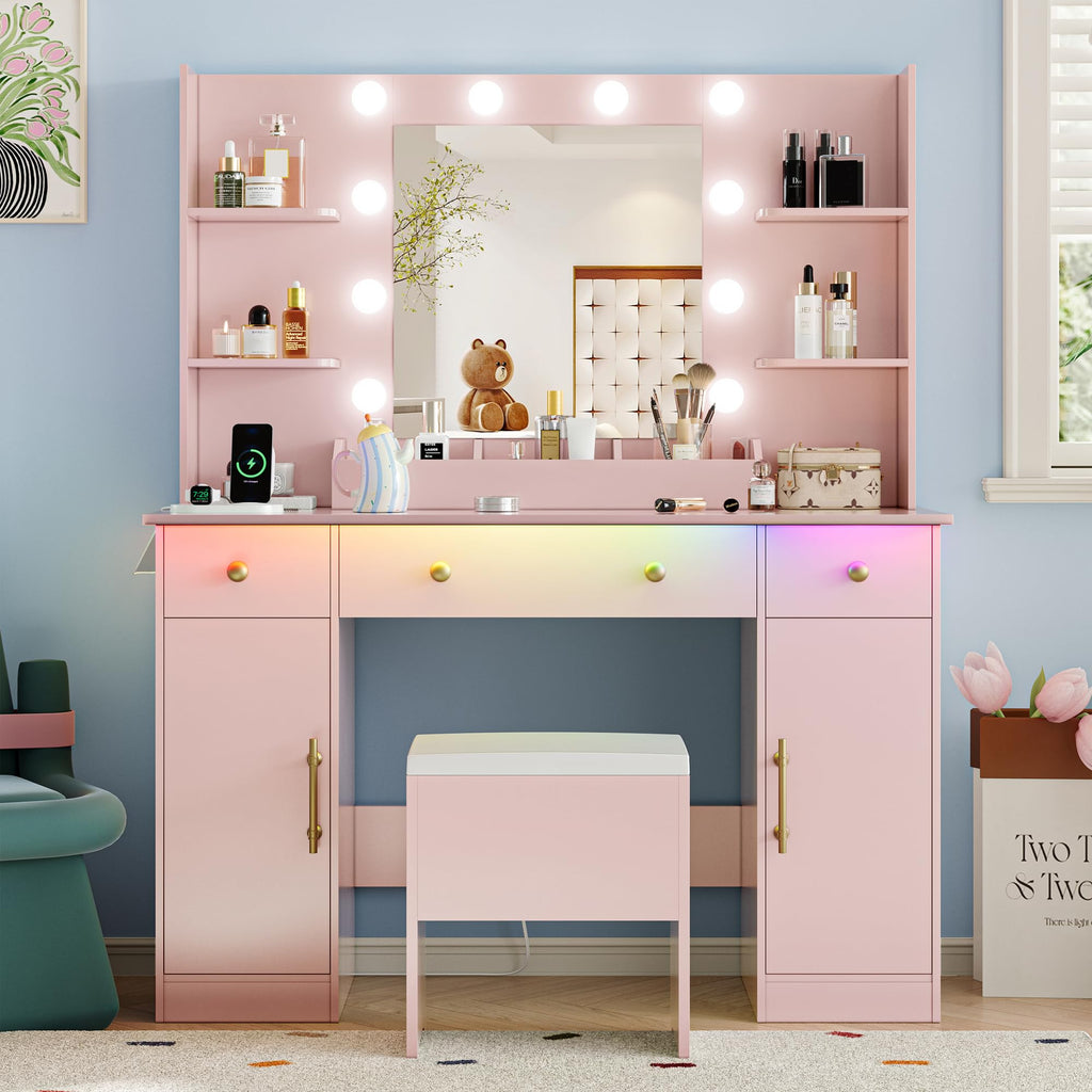 Vanity Desk with Mirror and Lights, 43'' Pink Makeup Dressing Table Set with 5 Drawers & Chair, Power Outlet, 3 Lighting Modes Adjustable Brightness & RGB LED for Women Girls Bedroom Bathroom