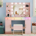 Vanity Desk with Mirror and Lights, 43'' Pink Makeup Dressing Table Set with 5 Drawers & Chair, Power Outlet, 3 Lighting Modes Adjustable Brightness & RGB LED for Women Girls Bedroom Bathroom