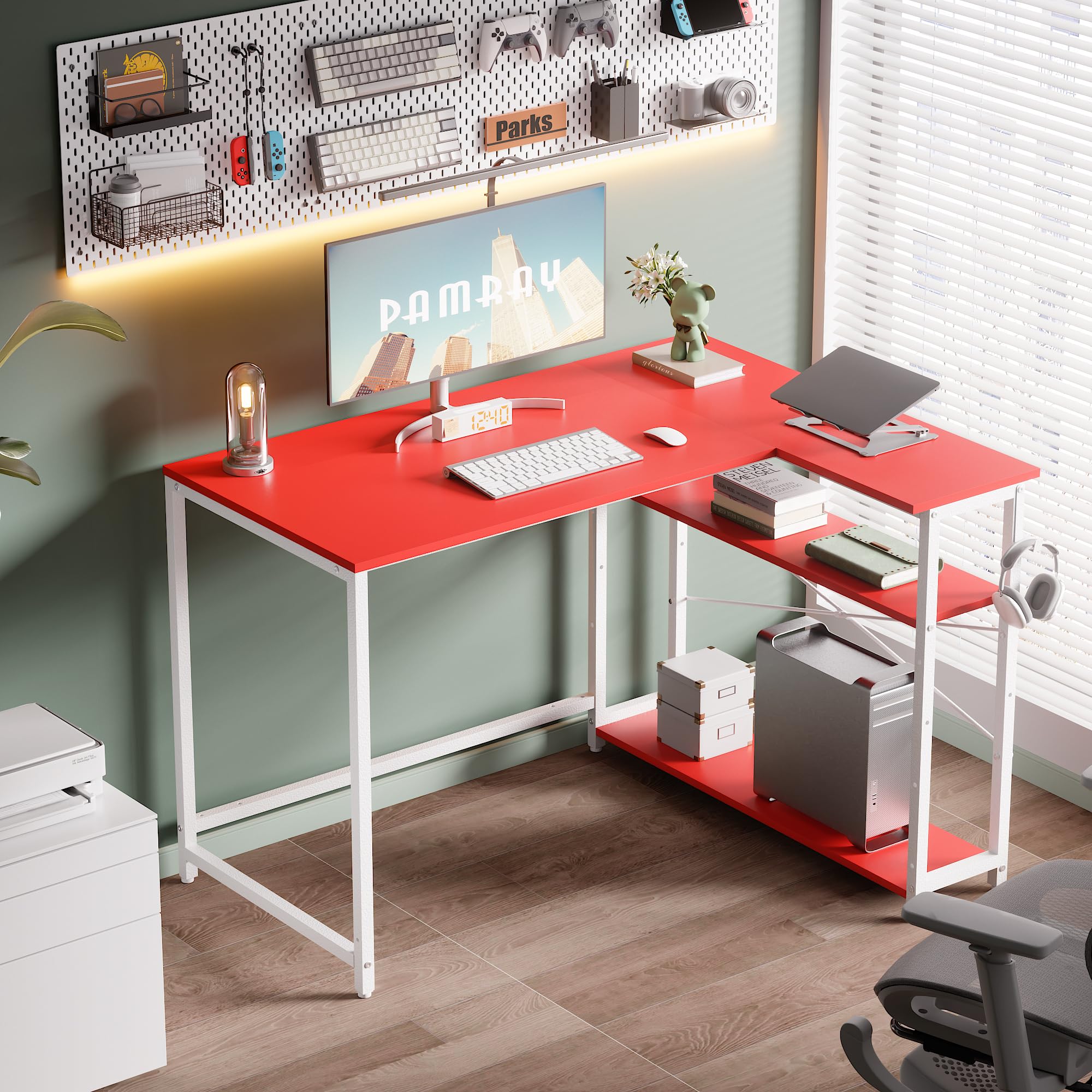 Pamray 43 Inch L Shaped Computer Desk with Reversible Side Storage Shelves, Small Corner Desk for Small Space Home Office,Writing Study Table PC Desk for Bedroom,Pink with White Leg