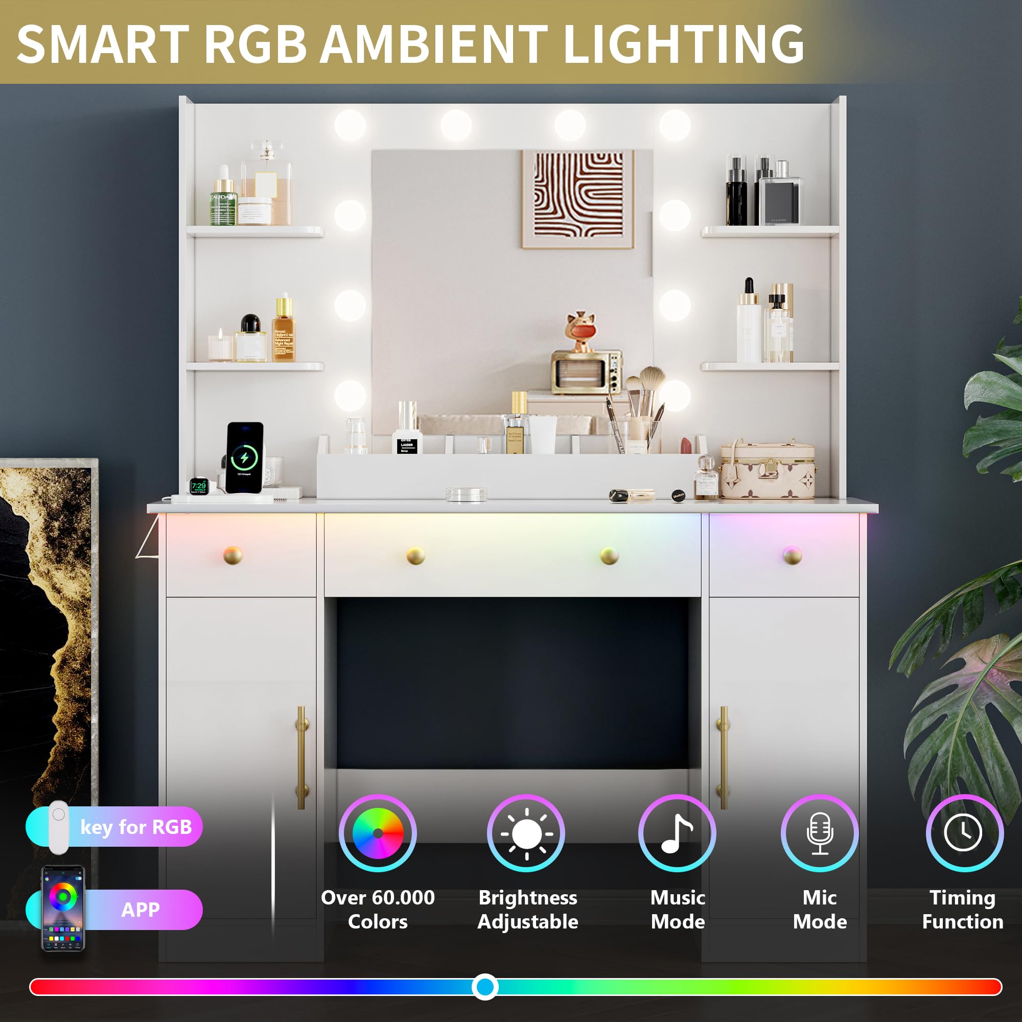 Vanity Desk with Mirror and Lights, 43'' Pink Makeup Dressing Table Set with 5 Drawers & Chair, Power Outlet, 3 Lighting Modes Adjustable Brightness & RGB LED for Women Girls Bedroom Bathroom