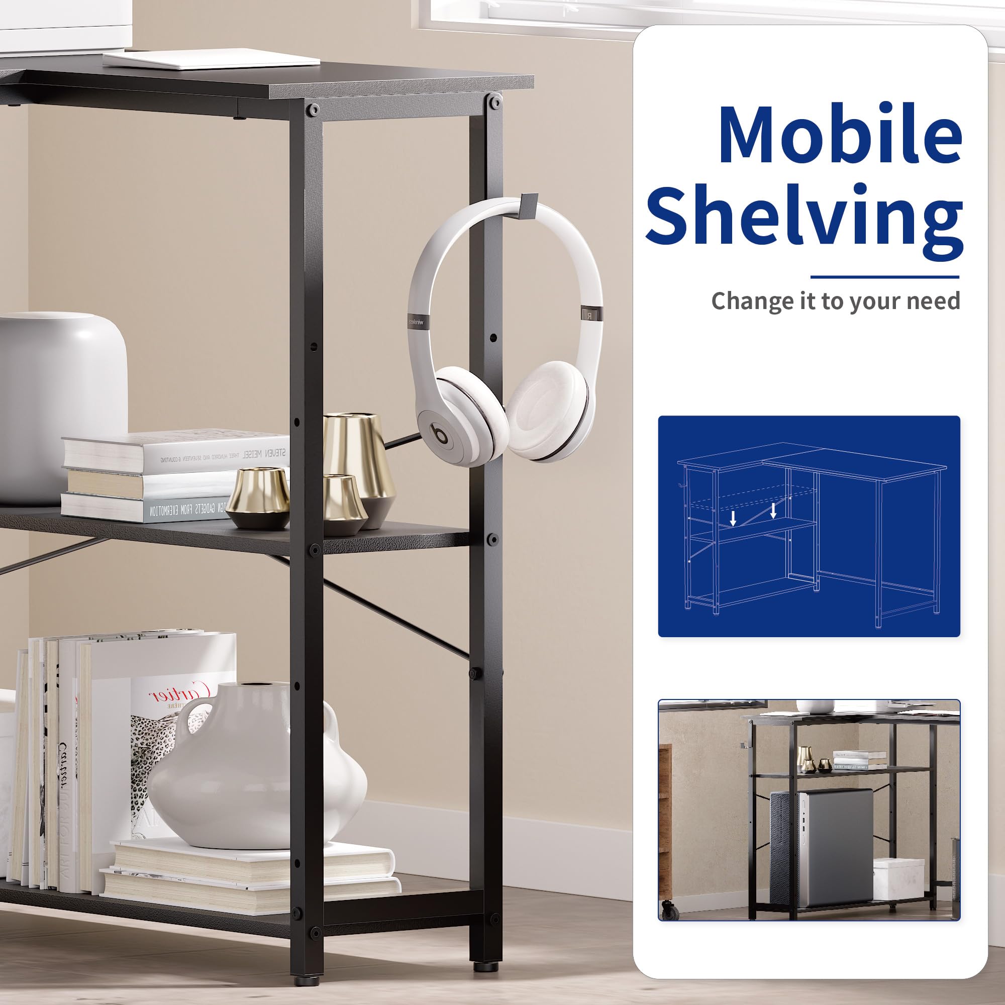 Pamray 43 Inch L Shaped Computer Desk with Reversible Side Storage Shelves, Small Corner Desk for Small Space Home Office,Writing Study Table PC Desk for Bedroom,Pink with White Leg