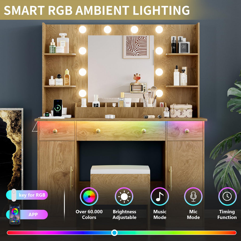 Vanity Desk with Mirror and Lights, 43'' Pink Makeup Dressing Table Set with 5 Drawers & Chair, Power Outlet, 3 Lighting Modes Adjustable Brightness & RGB LED for Women Girls Bedroom Bathroom