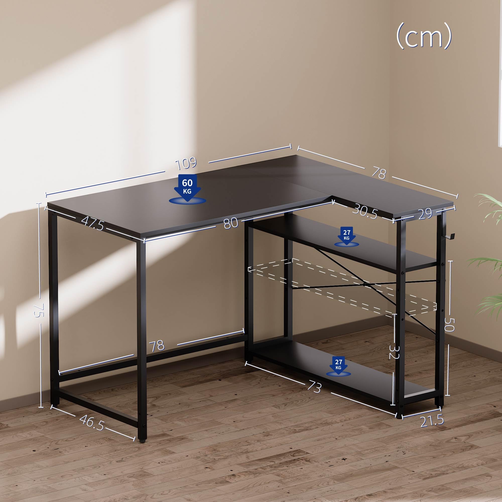 Pamray 43 Inch L Shaped Computer Desk with Reversible Side Storage Shelves, Small Corner Desk for Small Space Home Office,Writing Study Table PC Desk for Bedroom,Pink with White Leg