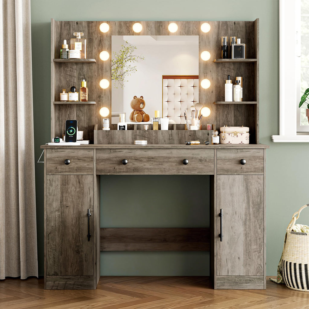 Vanity Desk with Mirror and Lights, 43'' Pink Makeup Dressing Table Set with 5 Drawers & Chair, Power Outlet, 3 Lighting Modes Adjustable Brightness & RGB LED for Women Girls Bedroom Bathroom