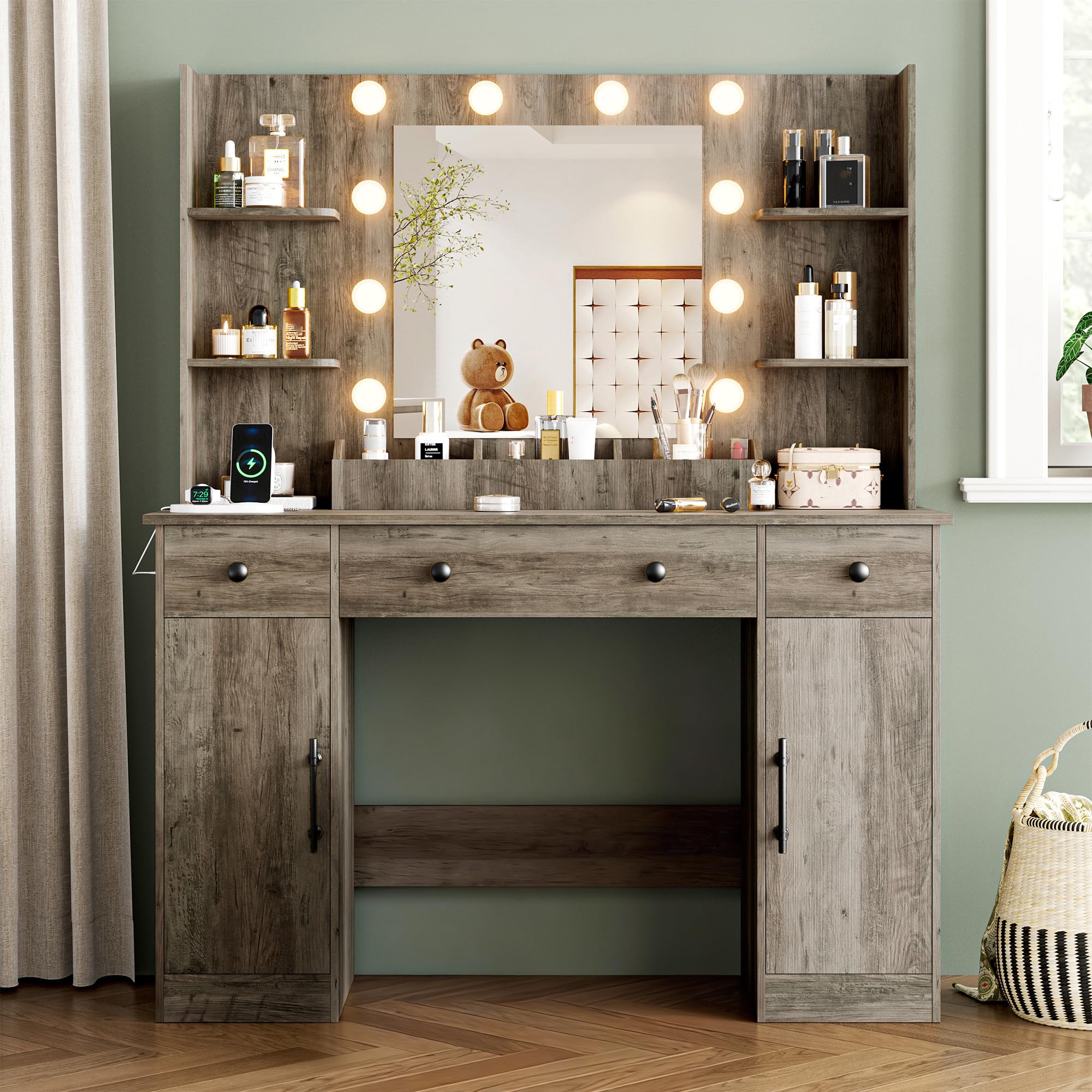 Vanity Desk with Mirror and Lights, 43'' Pink Makeup Dressing Table Set with 5 Drawers & Chair, Power Outlet, 3 Lighting Modes Adjustable Brightness & RGB LED for Women Girls Bedroom Bathroom