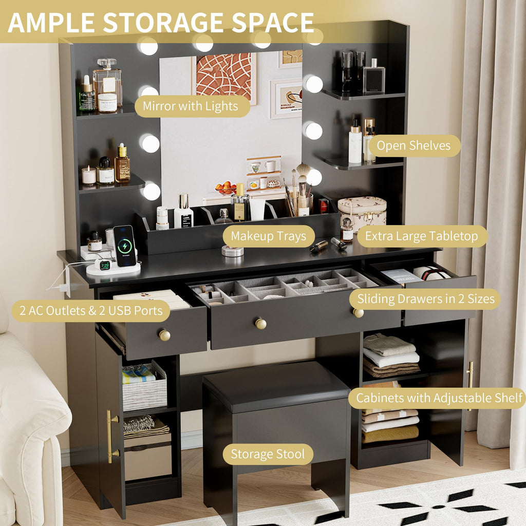 Vanity Desk with Mirror and Lights, 43'' Pink Makeup Dressing Table Set with 5 Drawers & Chair, Power Outlet, 3 Lighting Modes Adjustable Brightness & RGB LED for Women Girls Bedroom Bathroom