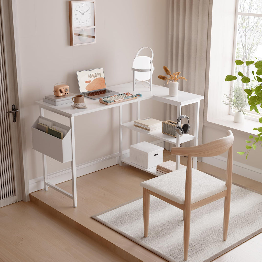 Pamray 43 Inch L Shaped Computer Desk with Reversible Side Storage Shelves, Small Corner Desk for Small Space Home Office,Writing Study Table PC Desk for Bedroom,Pink with White Leg