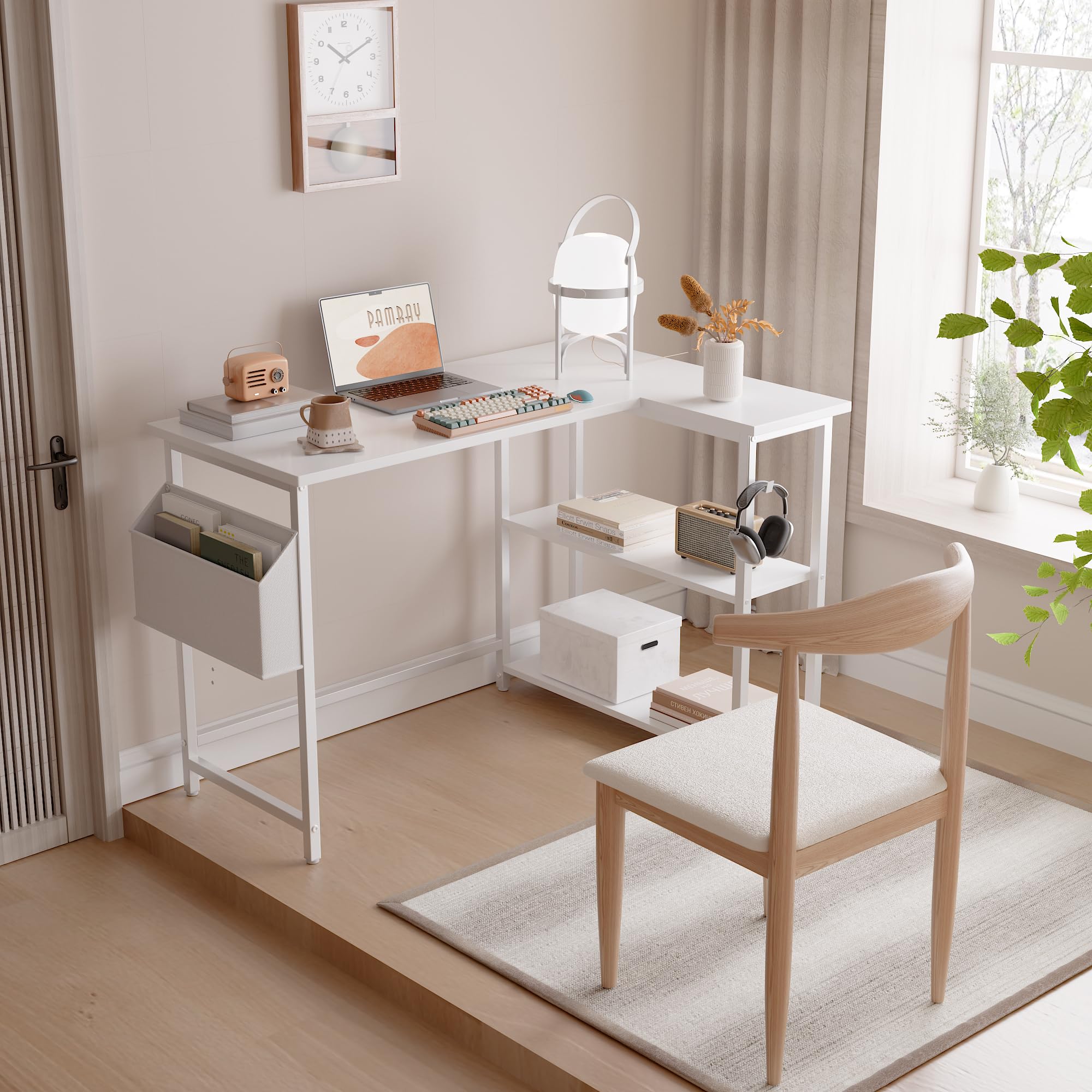 Pamray 43 Inch L Shaped Computer Desk with Reversible Side Storage Shelves, Small Corner Desk for Small Space Home Office,Writing Study Table PC Desk for Bedroom,Pink with White Leg