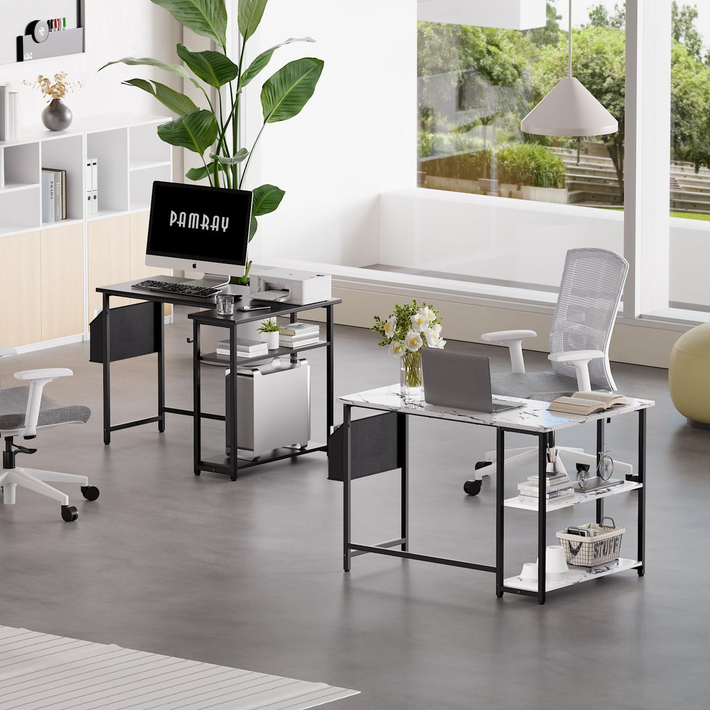 Pamray 43 Inch L Shaped Computer Desk with Reversible Side Storage Shelves, Small Corner Desk for Small Space Home Office,Writing Study Table PC Desk for Bedroom,Pink with White Leg