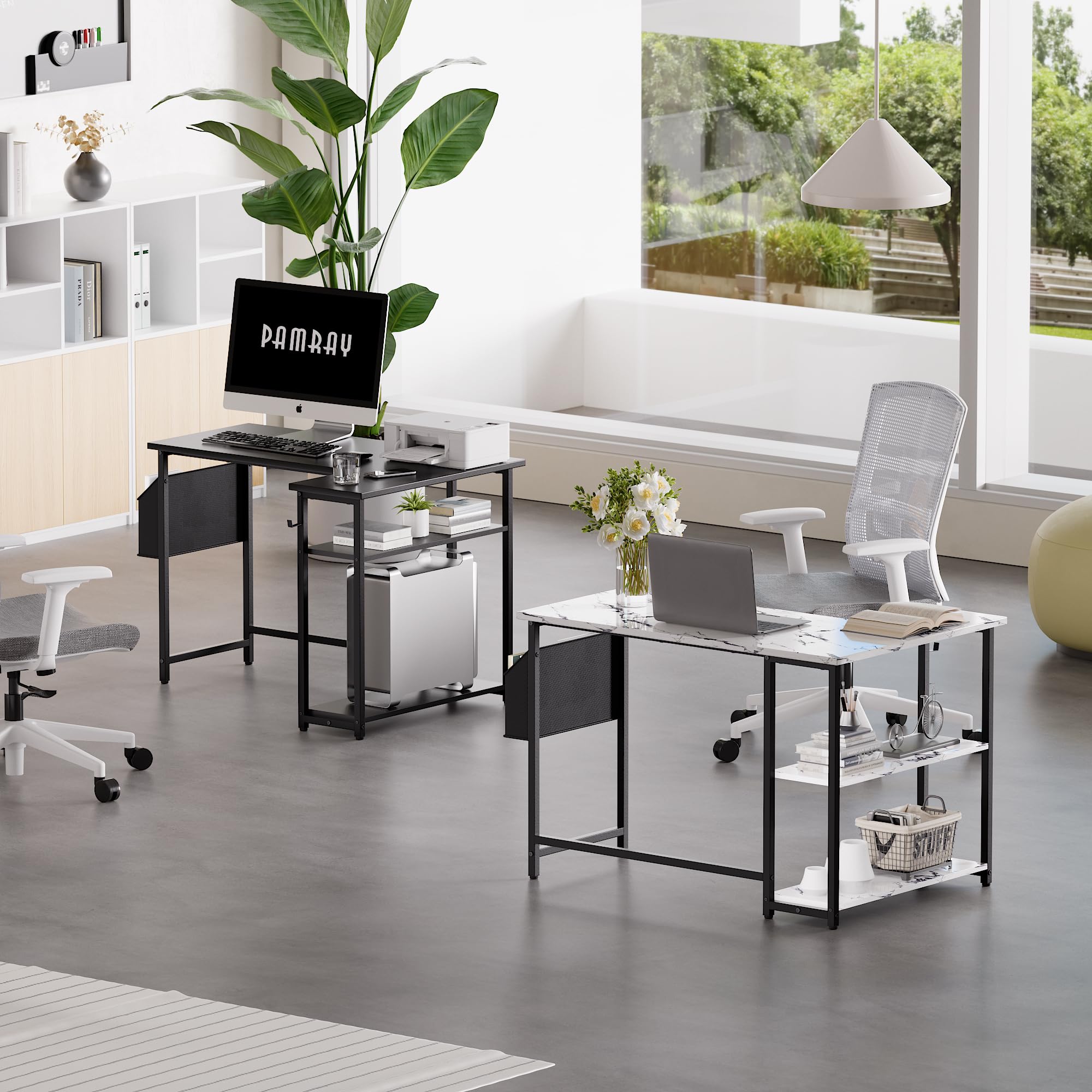 Pamray 43 Inch L Shaped Computer Desk with Reversible Side Storage Shelves, Small Corner Desk for Small Space Home Office,Writing Study Table PC Desk for Bedroom,Pink with White Leg