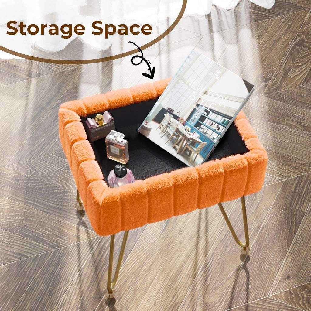 Greenstell Vanity Stool Chair Faux Fur with Storage, 15.7"L x 11.8"W x 19.4"H Soft Ottoman 4 Metal Legs with Anti-Slip Feet, Furry Padded Seat, Modern Multifunctional Chairs for Makeup, Bedroom Pink